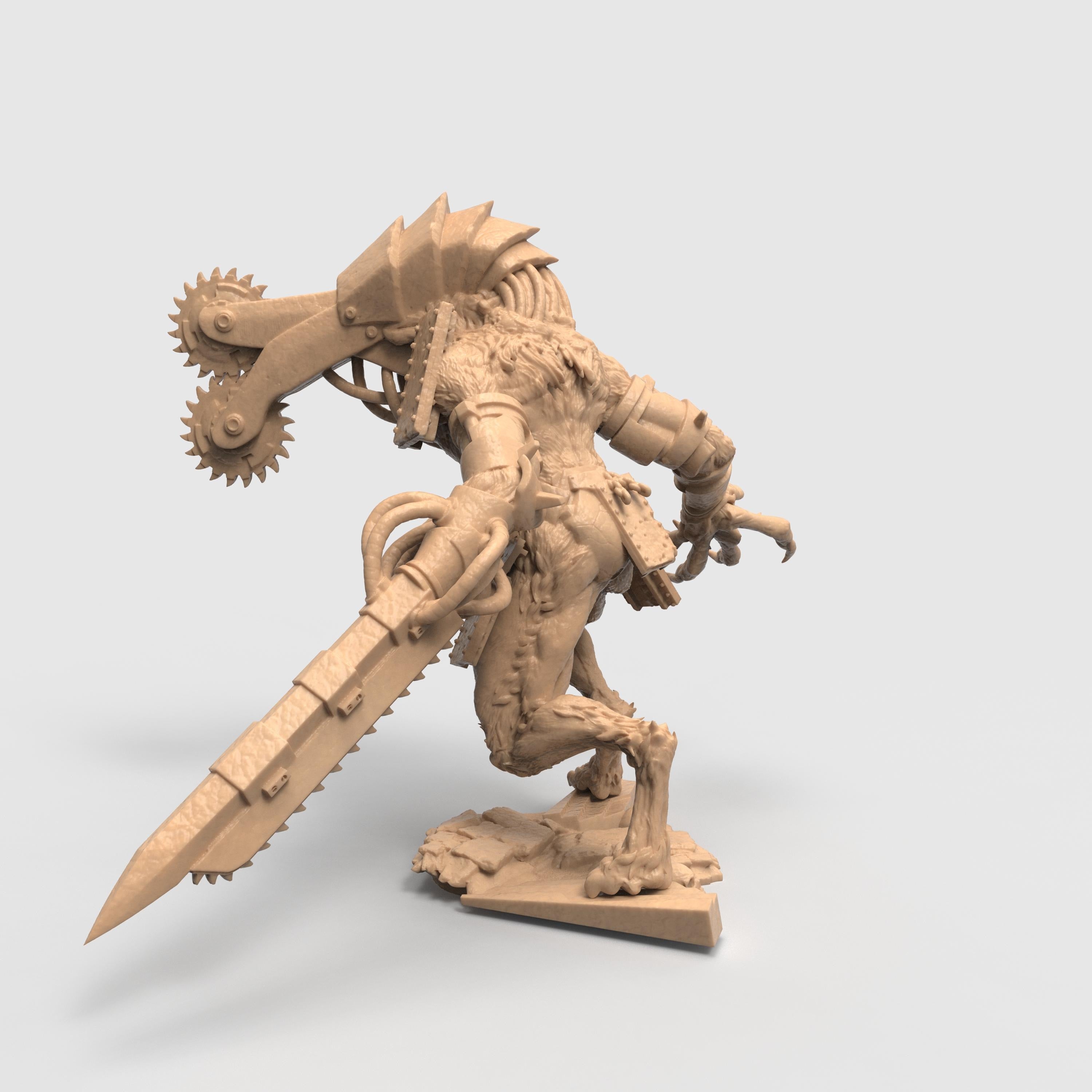 Three views of the Sampaloc War Wolf miniature, a muscular werewolf-like creature with mechanical enhancements. The beast features a large headpiece fitted with twin circular saw blades and wears spiked armor plates on its shoulders. One arm ends in a menacing clawed hand, while the other is equipped with a chainsaw-like weapon. The figure stands on a textured base resembling broken terrain, emphasizing its aggressive and battle-ready posture.