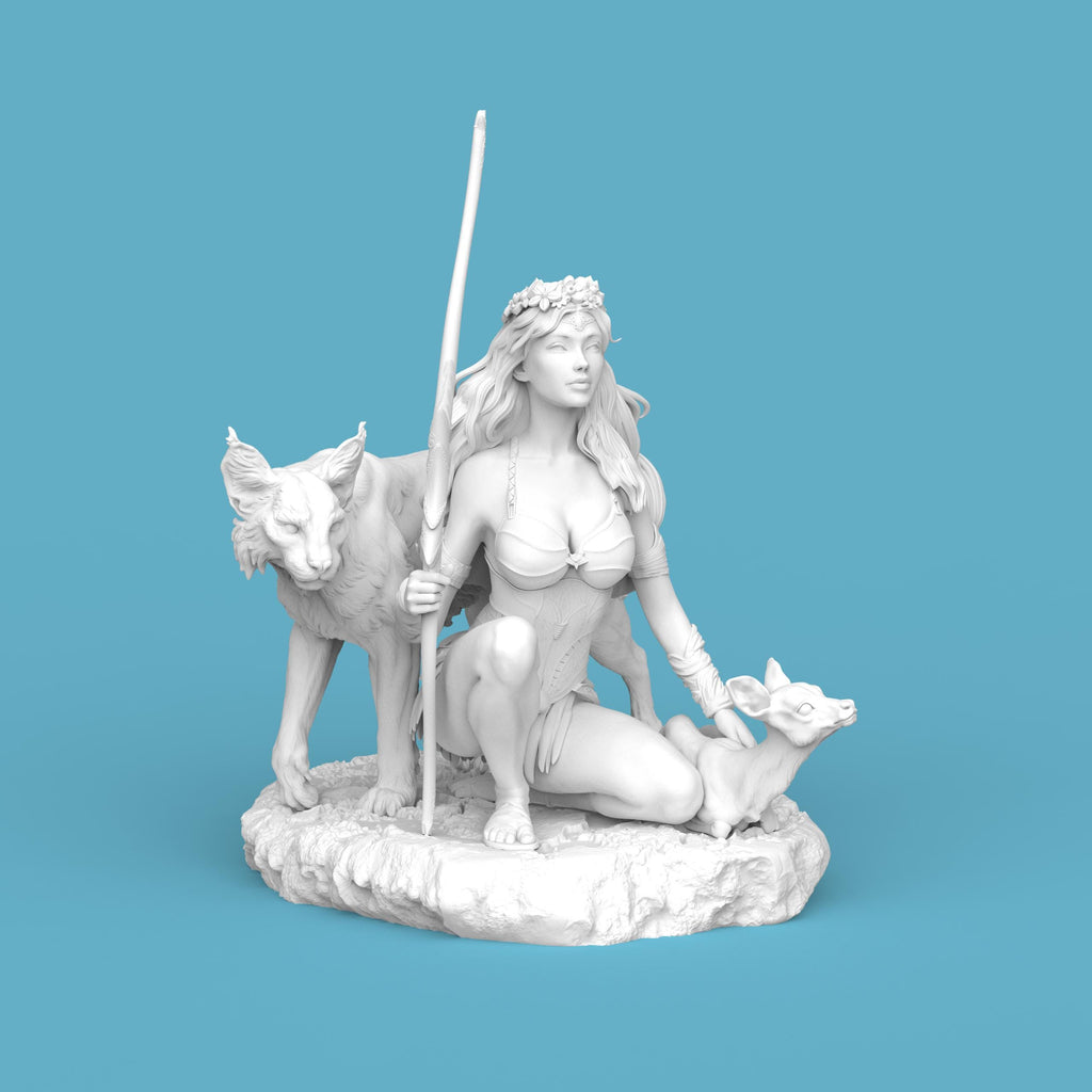 3D-printed Artemis figurine featuring a kneeling huntress goddess holding a staff, accompanied by a large wild cat and a small deer. The sculpt showcases flowing hair, detailed armor, and a natural rocky base, capturing the mythological figure’s serene yet powerful presence.