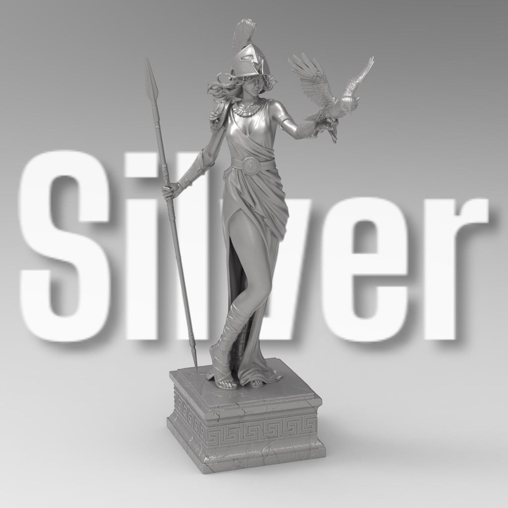 Statue of Athena, the Greek goddess of wisdom, featuring a detailed helmet, flowing robe, spear, and an owl perched on her arm, standing gracefully on a decorative pedestal.