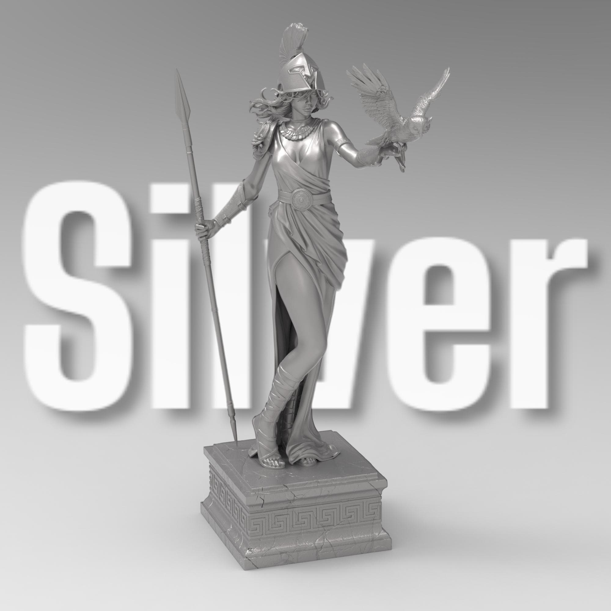 Statue of Athena, the Greek goddess of wisdom, featuring a detailed helmet, flowing robe, spear, and an owl perched on her arm, standing gracefully on a decorative pedestal.