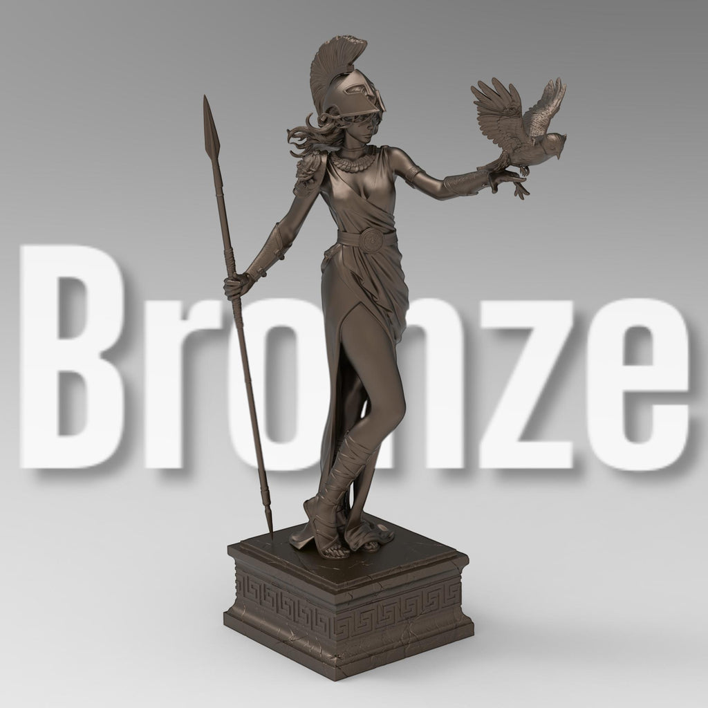 Statue of Athena, the Greek goddess of wisdom, featuring a detailed helmet, flowing robe, spear, and an owl perched on her arm, standing gracefully on a decorative pedestal.