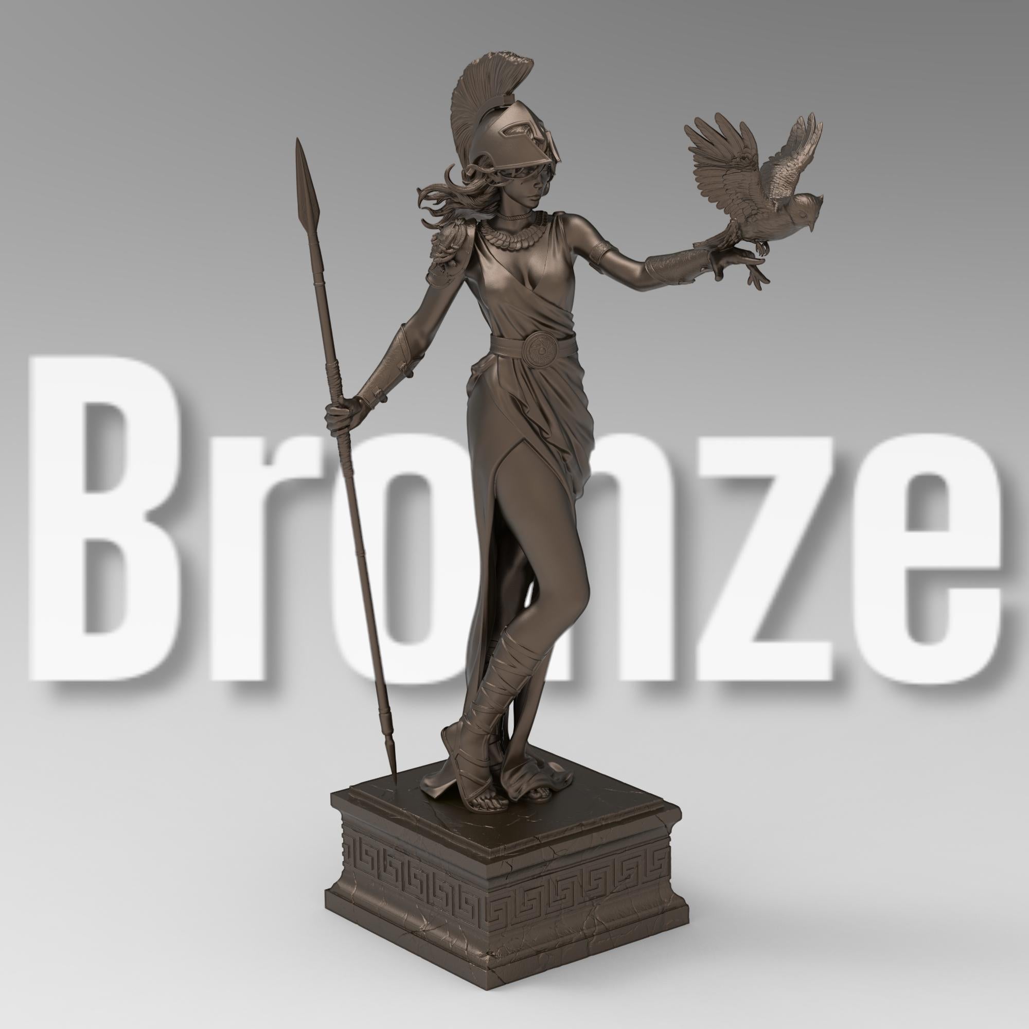 Statue of Athena, the Greek goddess of wisdom, featuring a detailed helmet, flowing robe, spear, and an owl perched on her arm, standing gracefully on a decorative pedestal.