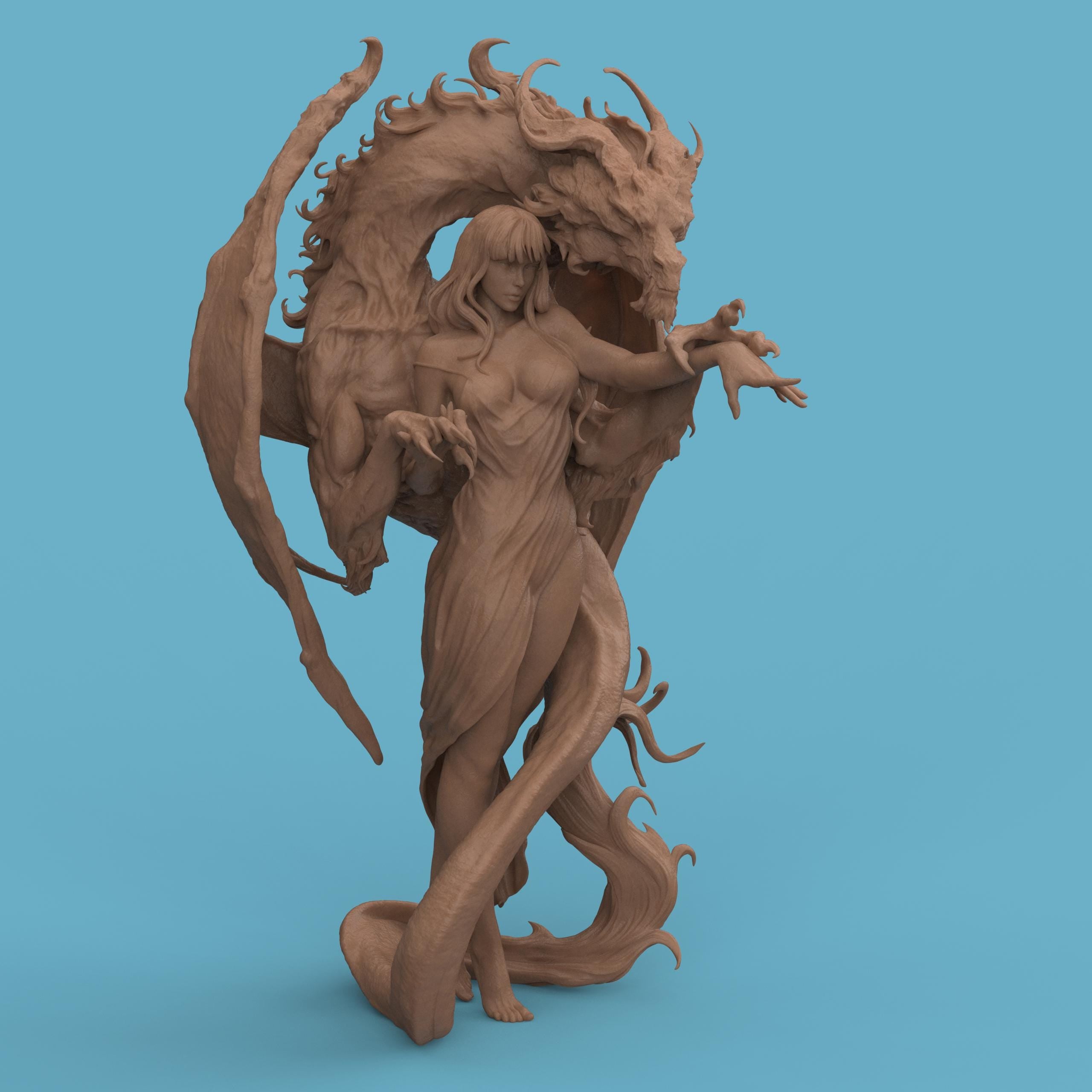 3D-printed Dragon Lady figurine featuring an elegant woman entwined with a majestic dragon. The sculpture blends beauty and power, with intricate textures on the dragon’s wings and scales, and flowing details in the woman’s hair and dress — a captivating fantasy centerpiece symbolizing harmony between strength and grace.