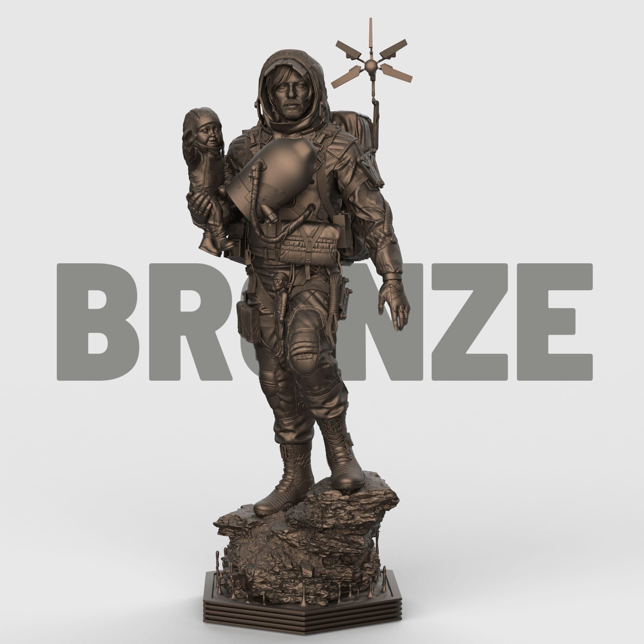 Delivery Man figurine depicting a rugged adventurer in detailed gear carrying supplies and equipment, standing firmly on a rocky base, available as an unpainted resin model.