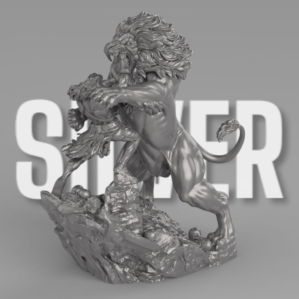 A sculpture of Heracles wrestling the Nemean Lion. The muscular hero grips the lion’s jaw, showcasing his strength. The beast’s mane is intricately detailed, and the rocky base features skulls. A dynamic and intense mythological scene.