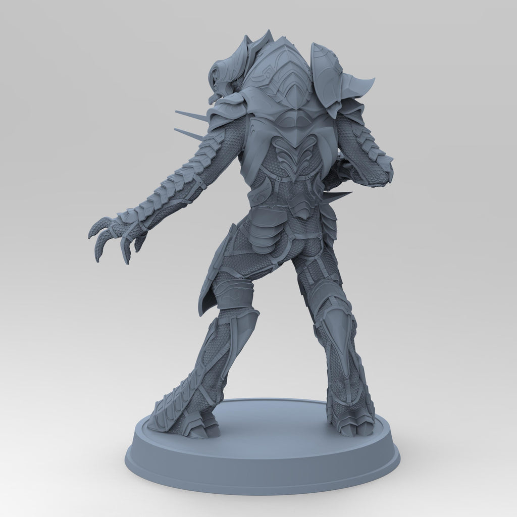Unpainted Arbiter figurine, showcasing intricate armor and weapon details, standing on a round base, highlighting its alien design and dynamic pose.