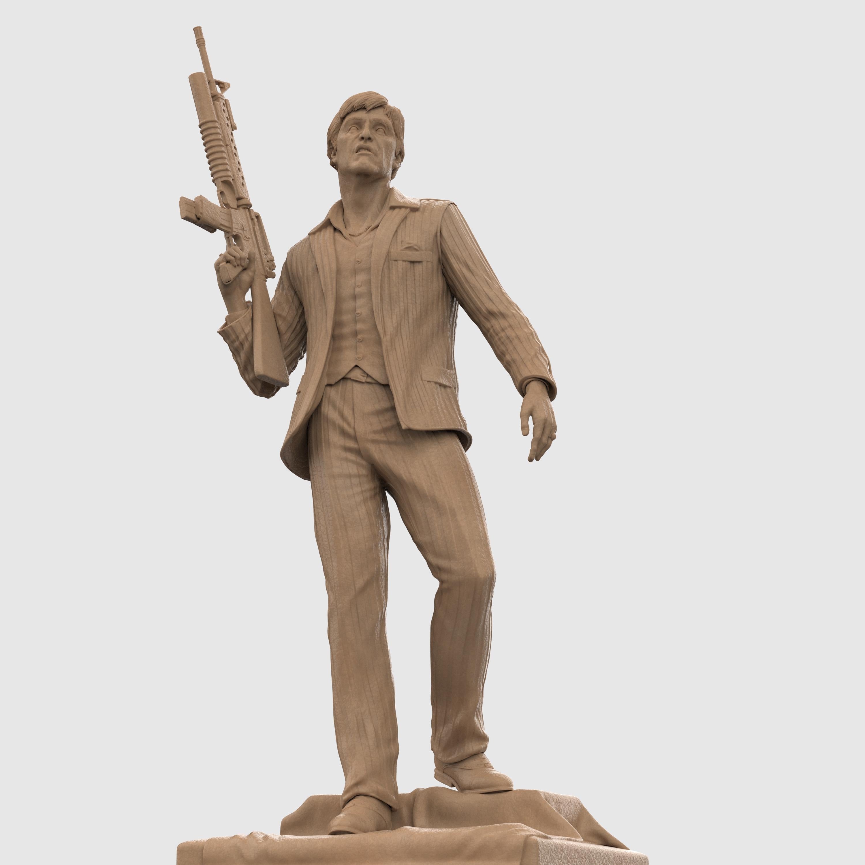 3D-printed statue inspired by Scarface, depicting a suited man in a confident pose, holding an assault rifle over his shoulder. The figure wears a detailed pinstripe suit and stands atop a textured base, capturing a bold and iconic cinematic moment with lifelike facial expression and dynamic stance.