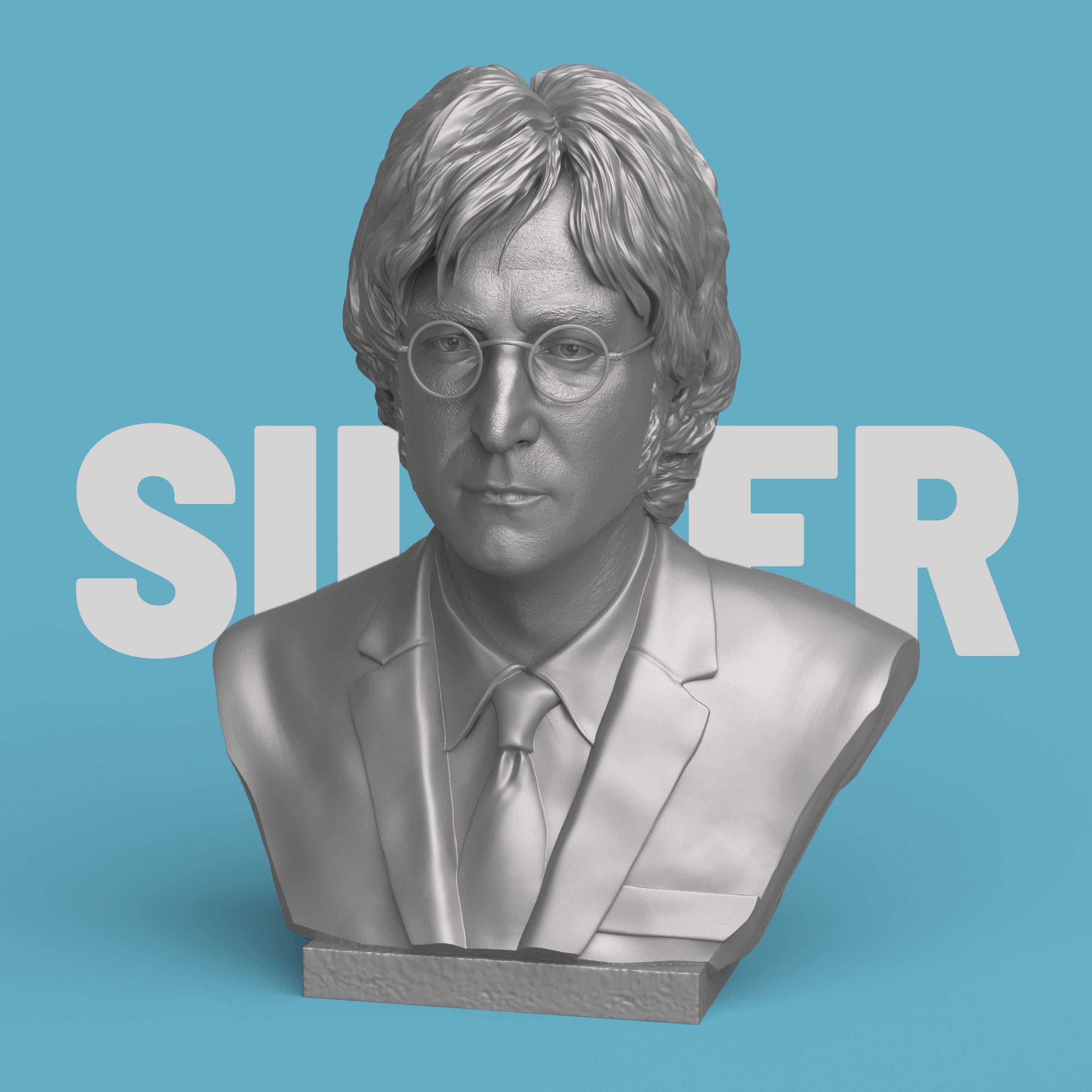 3D-printed bust of John Lennon wearing round glasses and a suit with tie, finely detailed to capture his calm and thoughtful expression — perfect for music fans, collectors, and art displays.