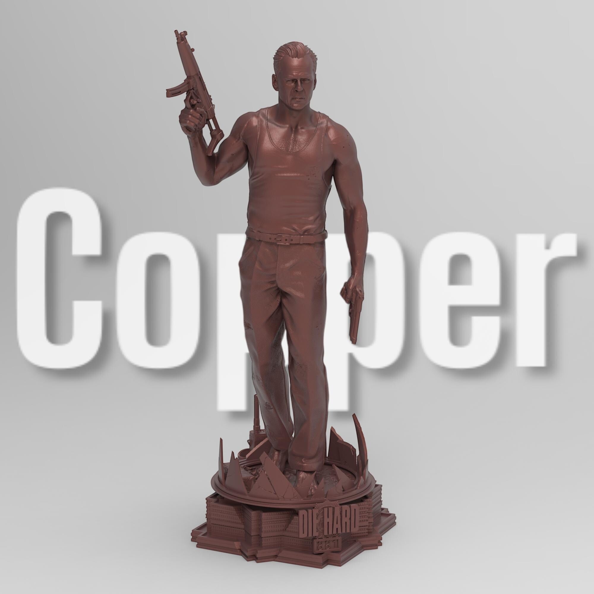A detailed 3D-printed statue of McLane of Mayhem, posed dynamically with a machine gun and pistol, standing atop a sculpted base featuring shattered glass and city elements. Perfect for collectors and action movie fans.