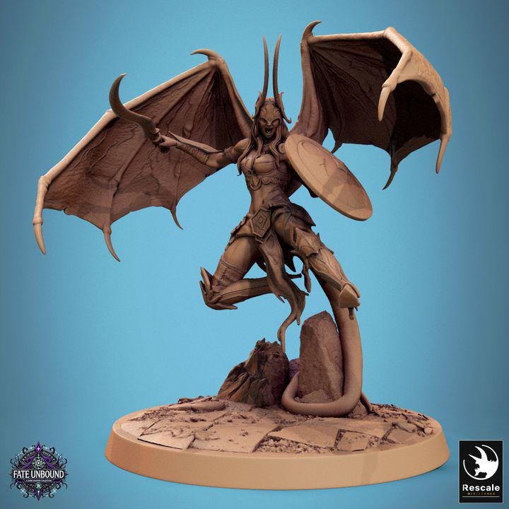 A fierce female cambion with demonic wings, curved horns, and a serpent tail wields a deadly spear and shield. Her armored form exudes power as she stands ready for battle, embodying both beauty and terror in a masterfully sculpted miniature.