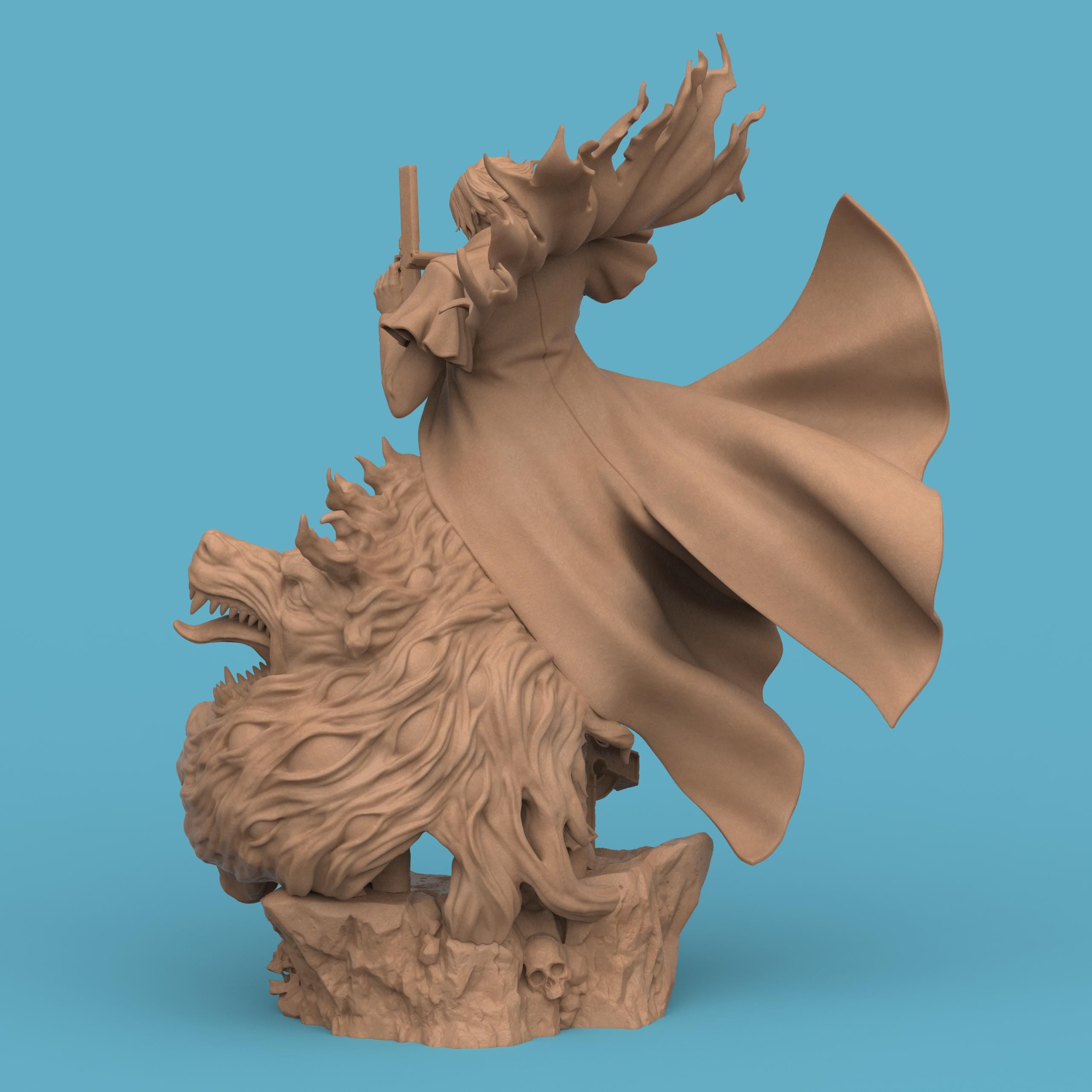 Highly detailed 3D-printed Alucard figurine, depicting a dark, vampire-like warrior in a red coat wielding dual pistols. The figure stands atop a gothic base adorned with skulls and gravestones, surrounded by swirling red demonic energy and snarling beast heads, capturing a dramatic and supernatural atmosphere.