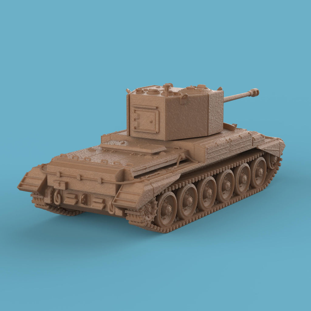 A tabletop miniature model of the A30 Challenger Tank, featuring a detailed turret with a long barrel, six large road wheels on each side, and distinct track and hull details. The model has a textured finish, resembling a scaled-down, resin-cast military tank displayed against a plain blue background.