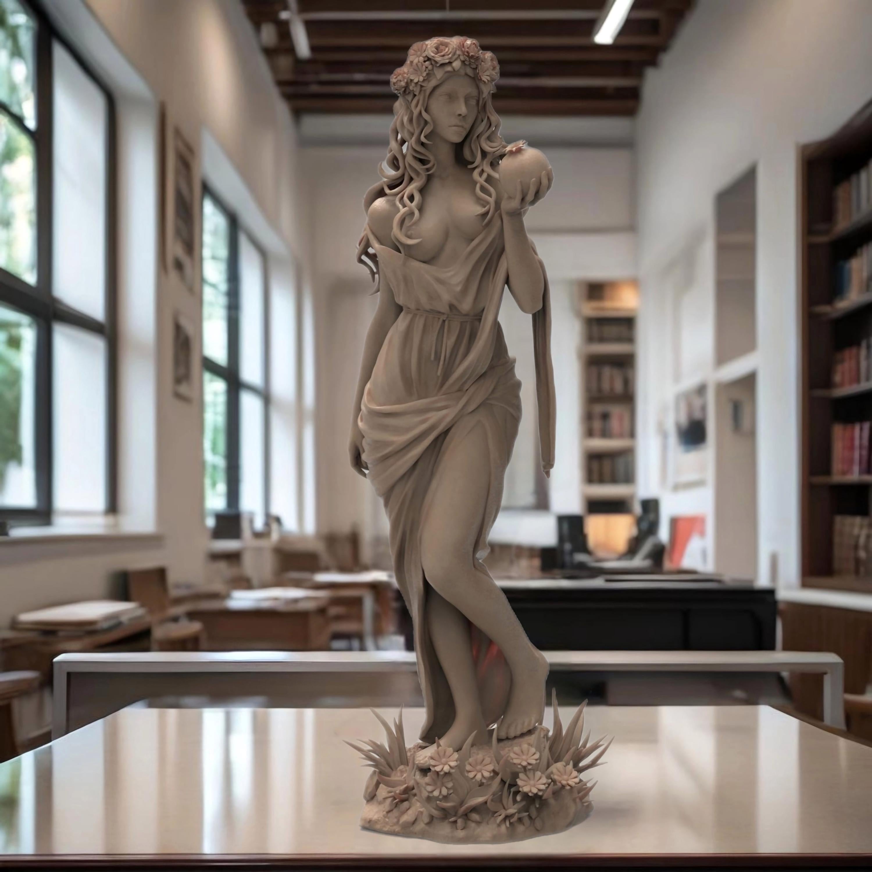 Antique wood-colored statue of a cowboy on horseback, holding a rope and equipped with a rifle and saddle gear, standing on a rugged base with detailed textures.