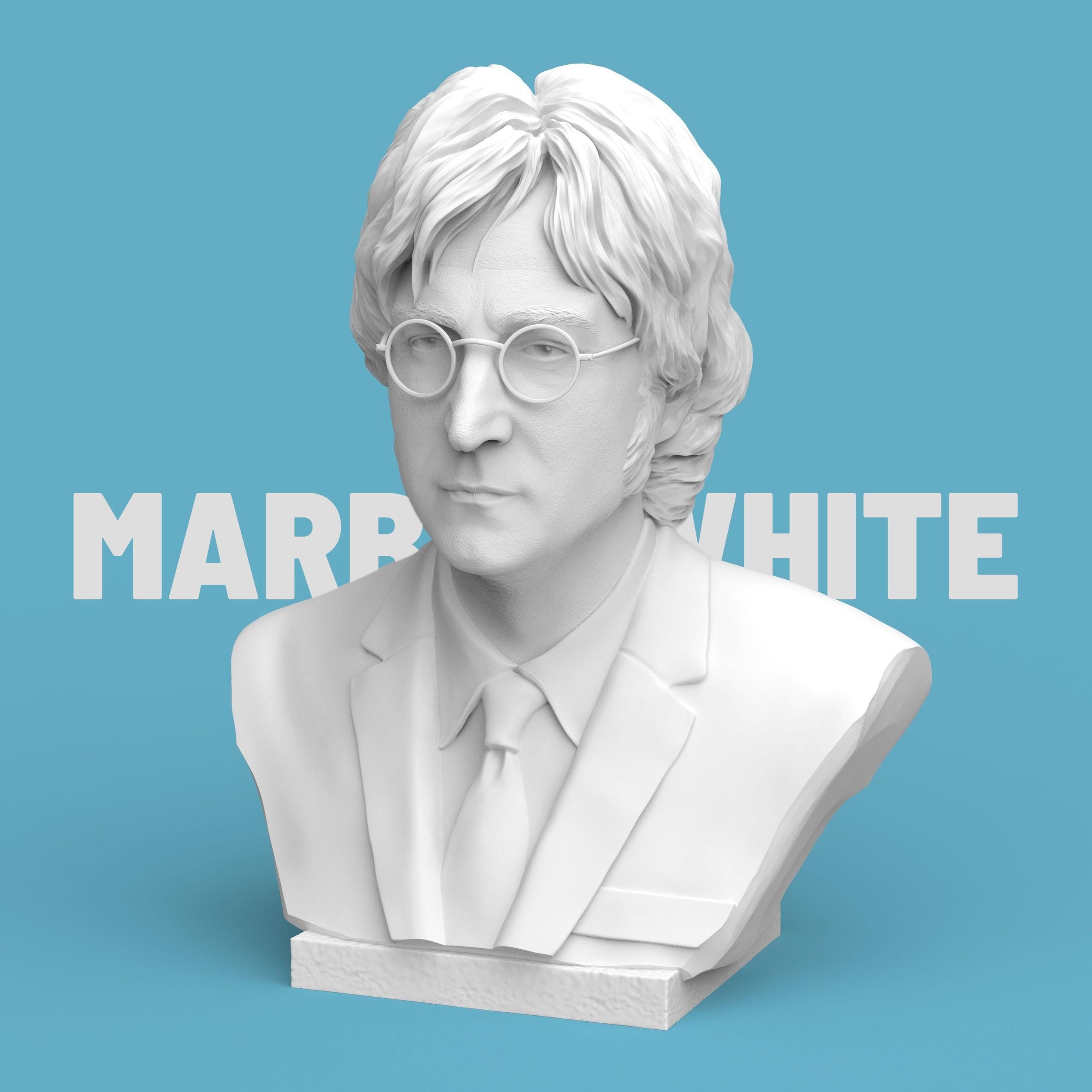 3D-printed bust of John Lennon wearing round glasses and a suit with tie, finely detailed to capture his calm and thoughtful expression — perfect for music fans, collectors, and art displays.