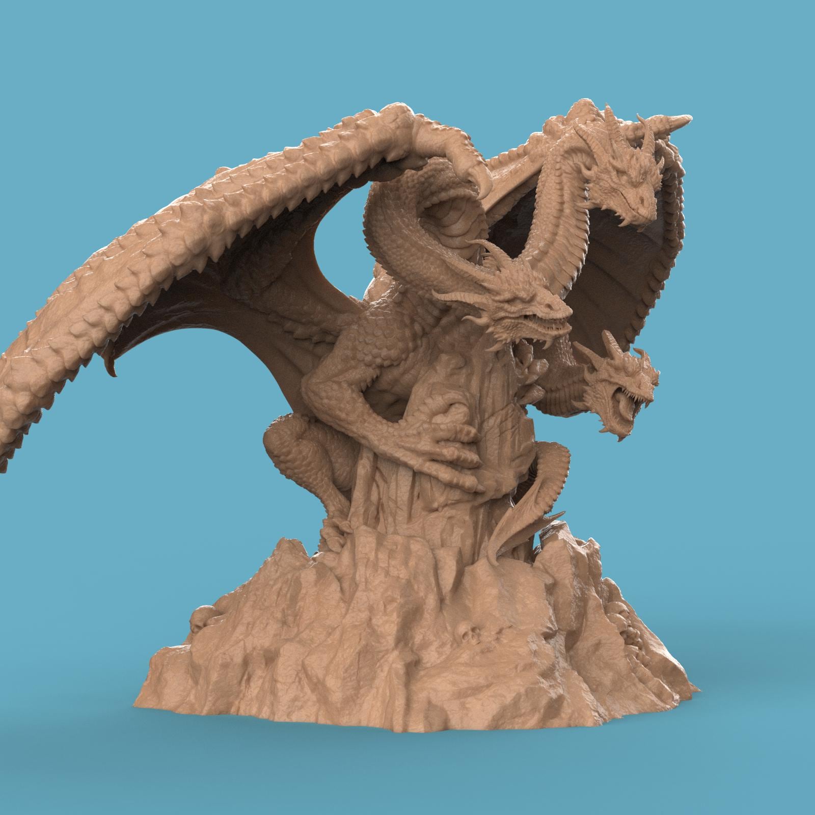 3D-printed Tridracarys Sovereign Dragon miniature featuring a three-headed dragon perched atop jagged rocks, wings spread wide and scales intricately detailed. A striking fantasy centerpiece for tabletop gaming or display.