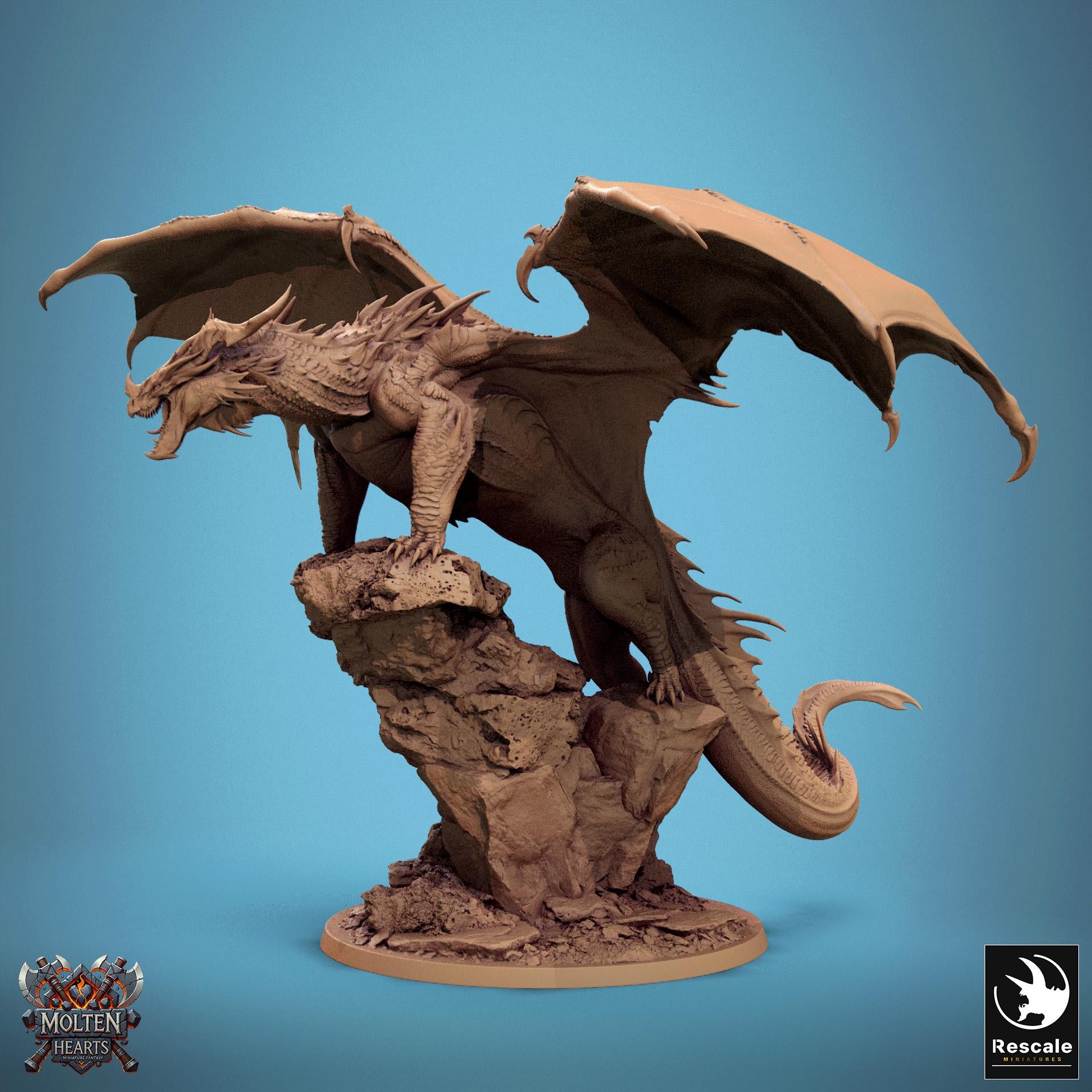 A fearsome Chromatic Red Dragon perches atop a rocky outcrop, wings spread wide and mouth open in a menacing roar. Its scales are rugged and spiked, exuding raw power and dominance. A perfect miniature for collectors and tabletop RPG enthusiasts.