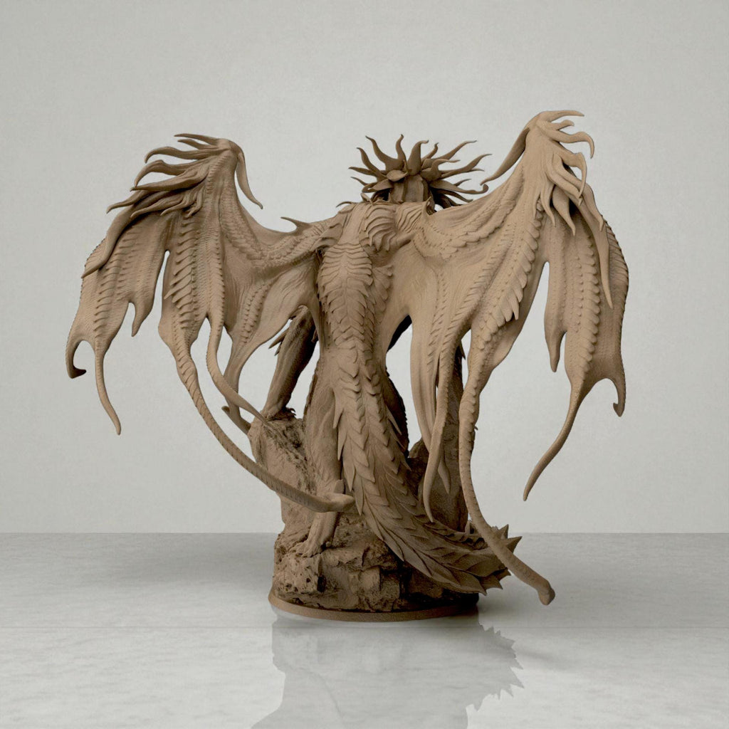 3D-printed Dragon Bahamut figurine featuring an awe-inspiring mythical dragon perched on a rocky base. The sculpture showcases flowing wing membranes, sharp scales, and a dynamic pose that radiates strength and majesty — a centerpiece piece for fantasy collectors and dragon enthusiasts alike.