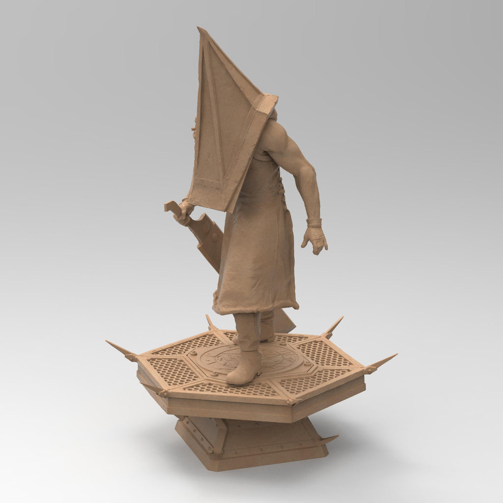 A menacing figure stands on a spiked platform, clad in a long, tattered robe with a massive pyramid-shaped helmet. He grips a large, rusted blade, exuding an aura of terror. Shadows stretch behind him, amplifying his ominous presence.