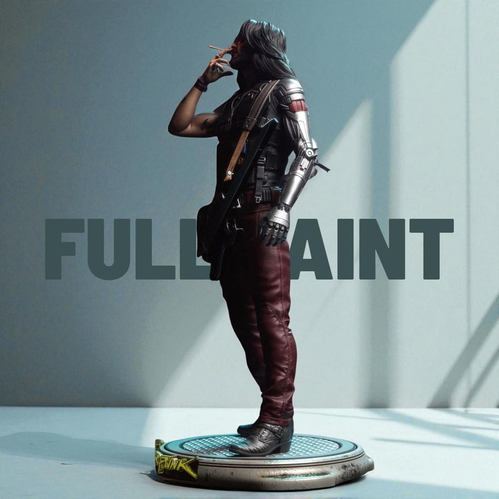 Highly detailed Johnny collectible statue inspired by Cyberpunk, featuring the iconic rocker with cybernetic arm, tactical vest, and electric guitar slung across his body. Posed mid-smoke on a stylized base. Available in full color, gold, silver, bronze, Stone Gray, Walnut finishes for striking display options.