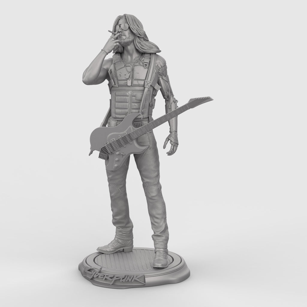 Highly detailed Johnny collectible statue inspired by Cyberpunk, featuring the iconic rocker with cybernetic arm, tactical vest, and electric guitar slung across his body. Posed mid-smoke on a stylized base. Available in full color, gold, silver, bronze, Stone Gray, Walnut finishes for striking display options.