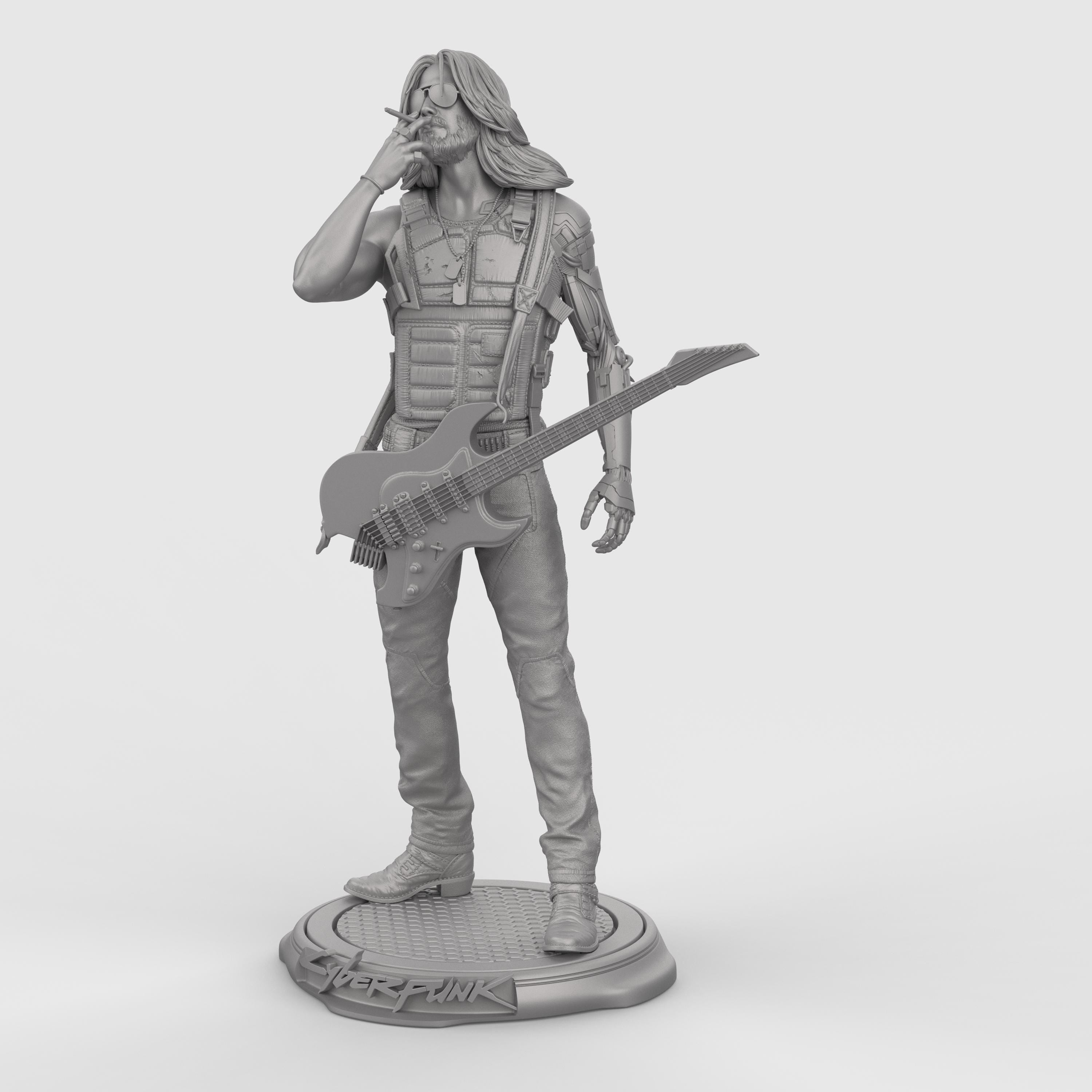 Highly detailed Johnny collectible statue inspired by Cyberpunk, featuring the iconic rocker with cybernetic arm, tactical vest, and electric guitar slung across his body. Posed mid-smoke on a stylized base. Available in full color, gold, silver, bronze, Stone Gray, Walnut finishes for striking display options.