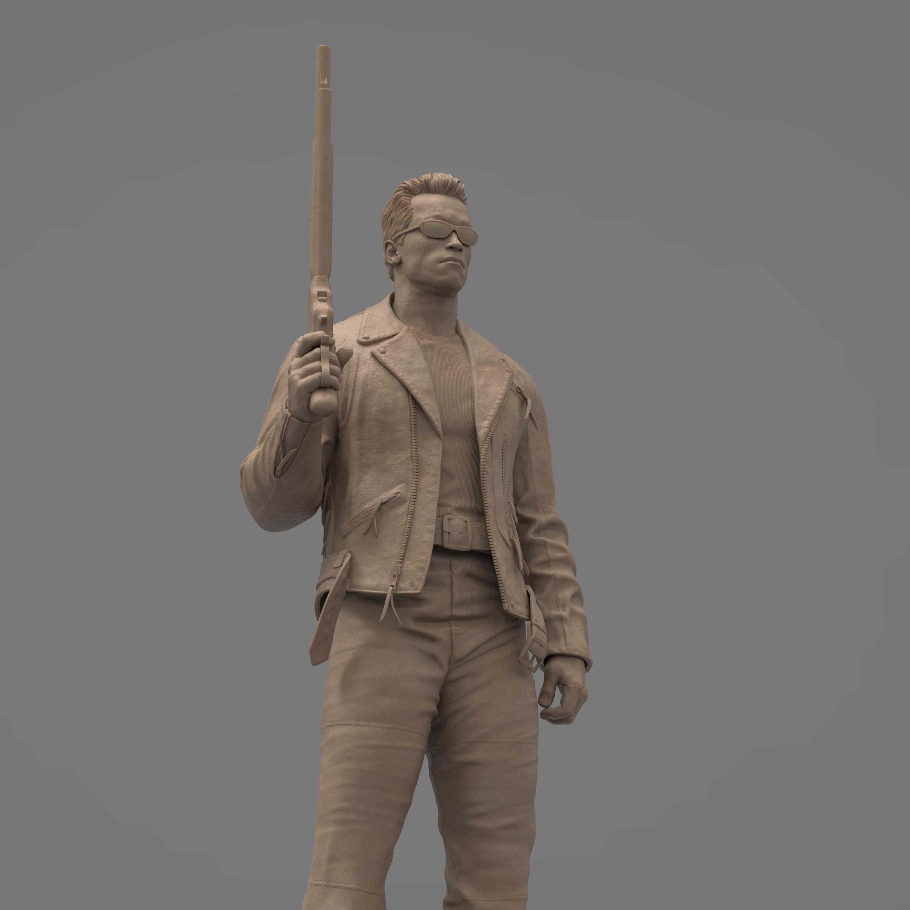 A 3D printed figurine of the Enforcer, featuring detailed clothing, sunglasses, and a shotgun. Captures the iconic look with a strong stance on a round base. Perfect for fans of the classic sci-fi film.