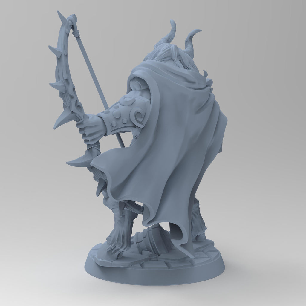Arkos, the horned archer, strikes a pose with his ornate bow in one hand and a pipe in the other. Clad in ancient armor with a flowing cape, he stands over a broken helm, exuding calm dominance and mythic strength. A perfect fantasy tabletop hero.