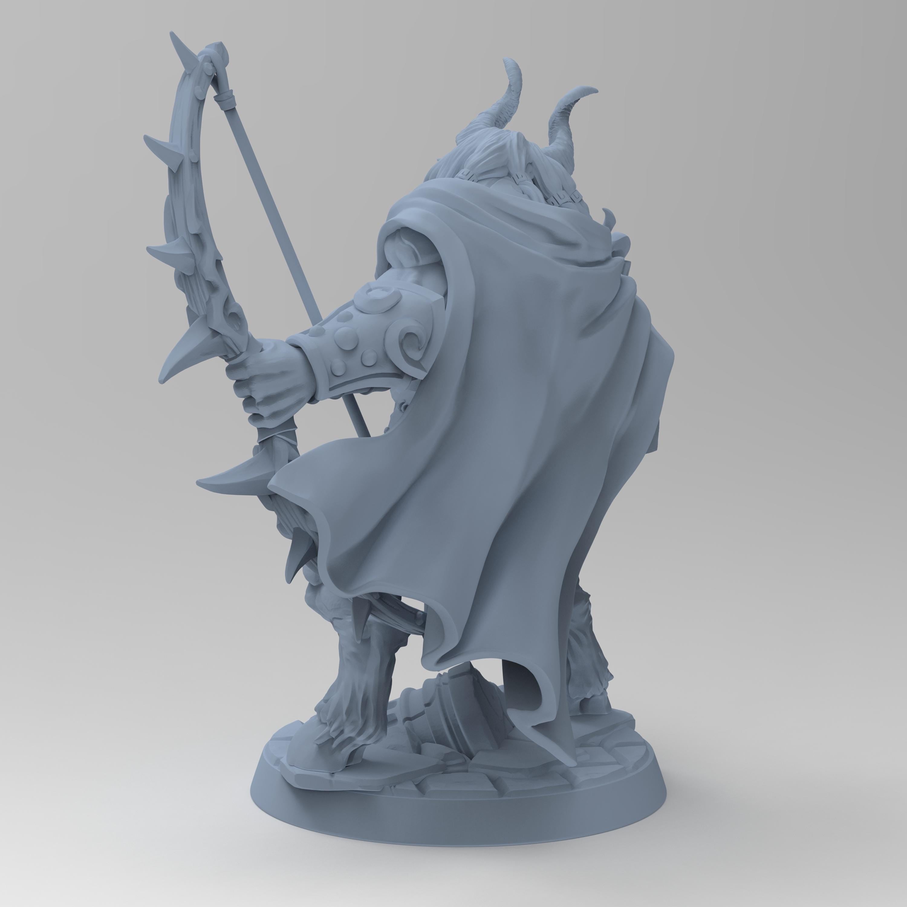 Arkos, the horned archer, strikes a pose with his ornate bow in one hand and a pipe in the other. Clad in ancient armor with a flowing cape, he stands over a broken helm, exuding calm dominance and mythic strength. A perfect fantasy tabletop hero.