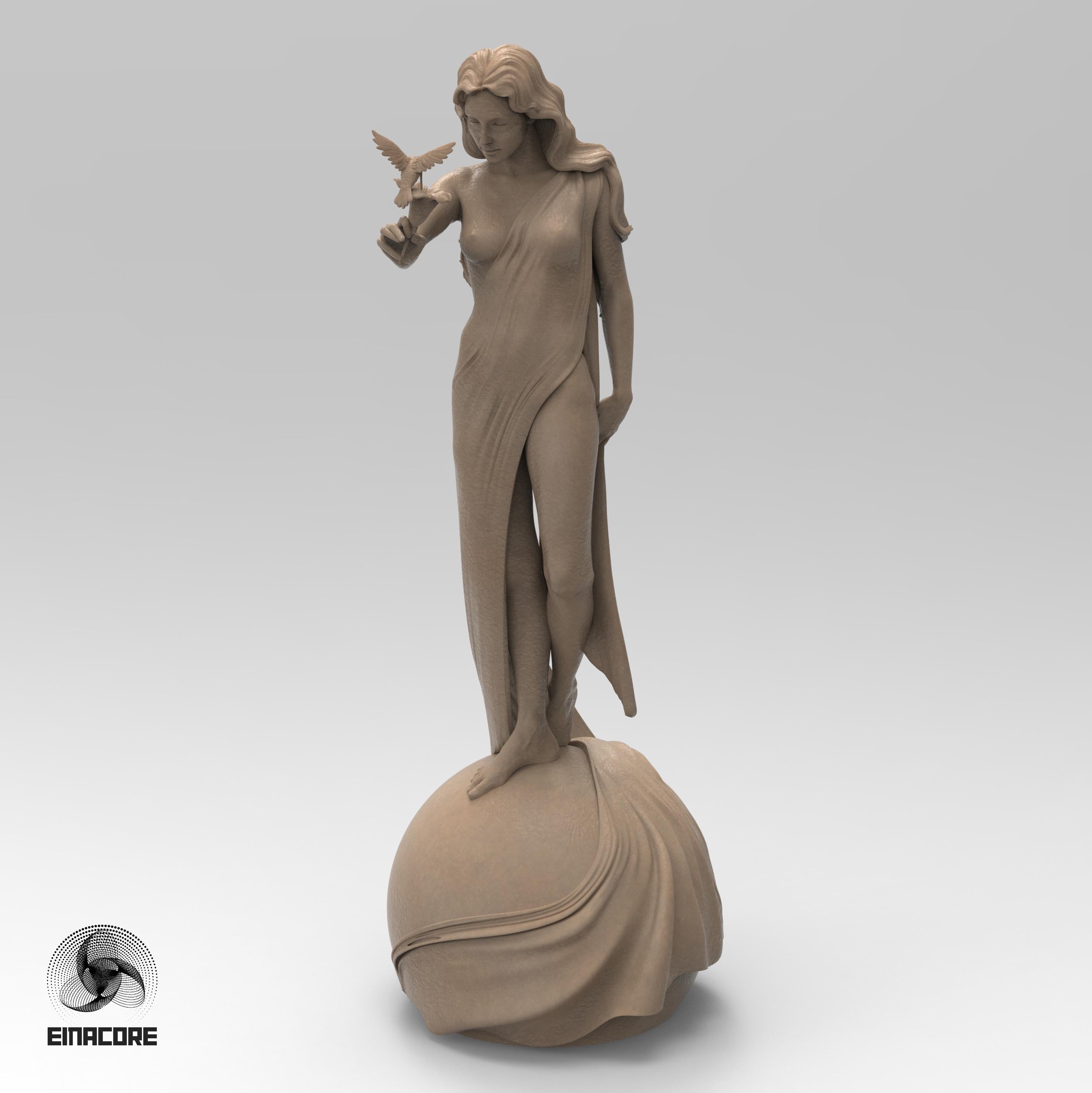 Statue of Eirene, the Goddess of Peace, featuring a serene woman with flowing hair, holding a dove. She stands gracefully on a spherical base, symbolizing harmony and balance.