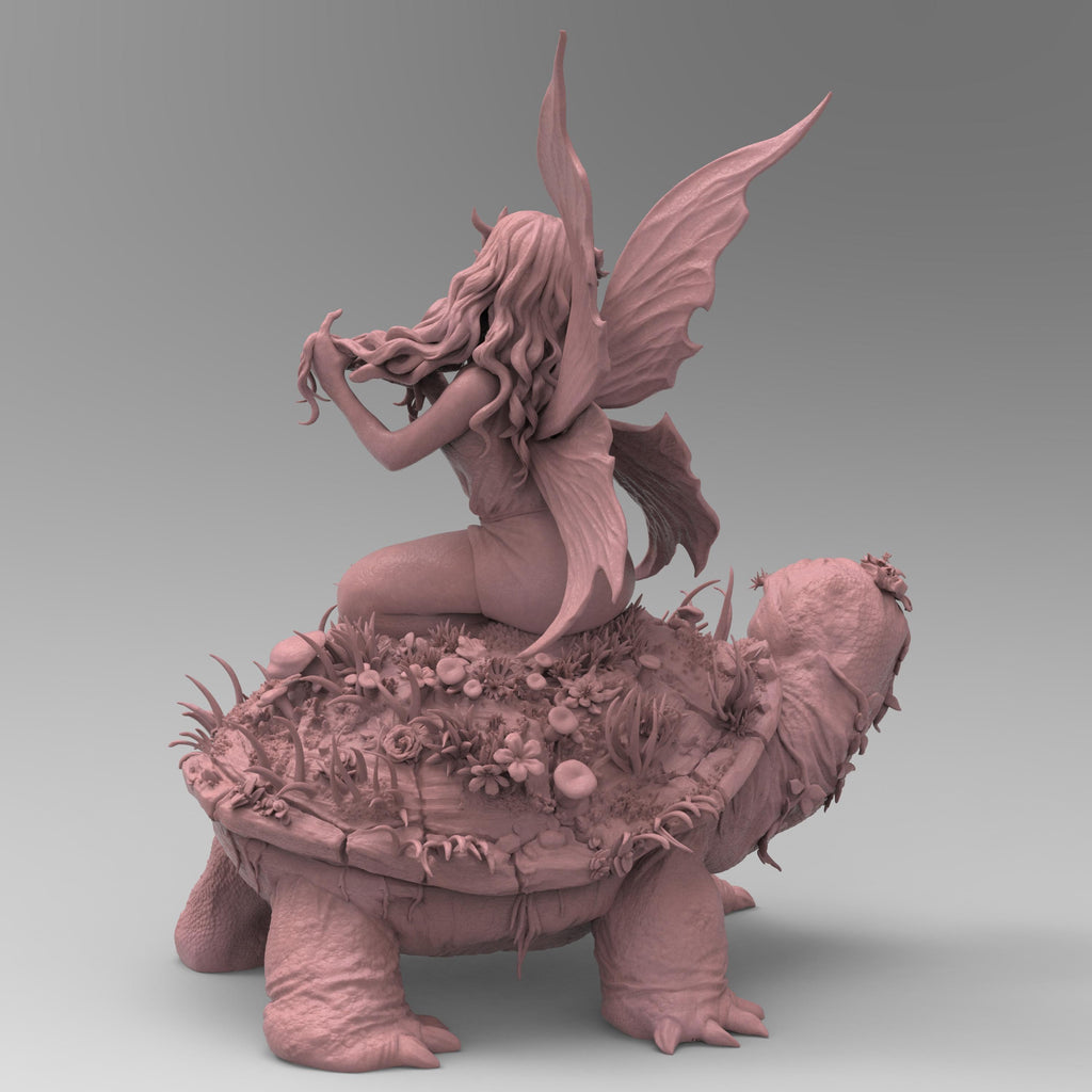 A delicate fairy with flowing hair and floral accessories sits atop a large turtle covered in lush vegetation. She gracefully plays with her hair, her translucent wings extending behind her. The turtle&#39;s wise expression adds to the enchanting scene.