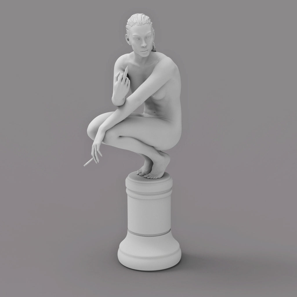 A nude woman squats on a chess piece pedestal, flipping her middle finger while holding a cigarette. Her defiant expression blends classical and modern art styles.