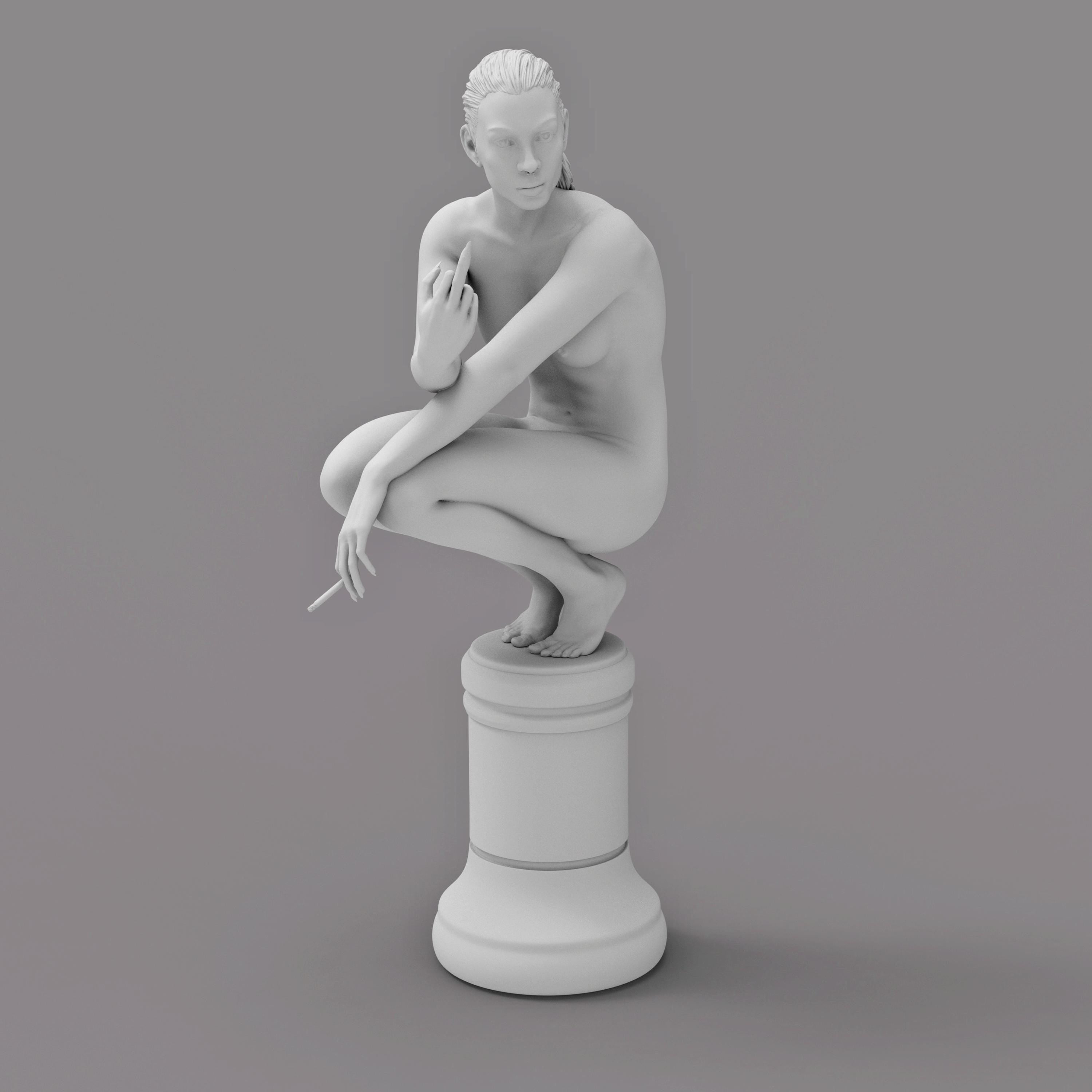A nude woman squats on a chess piece pedestal, flipping her middle finger while holding a cigarette. Her defiant expression blends classical and modern art styles.