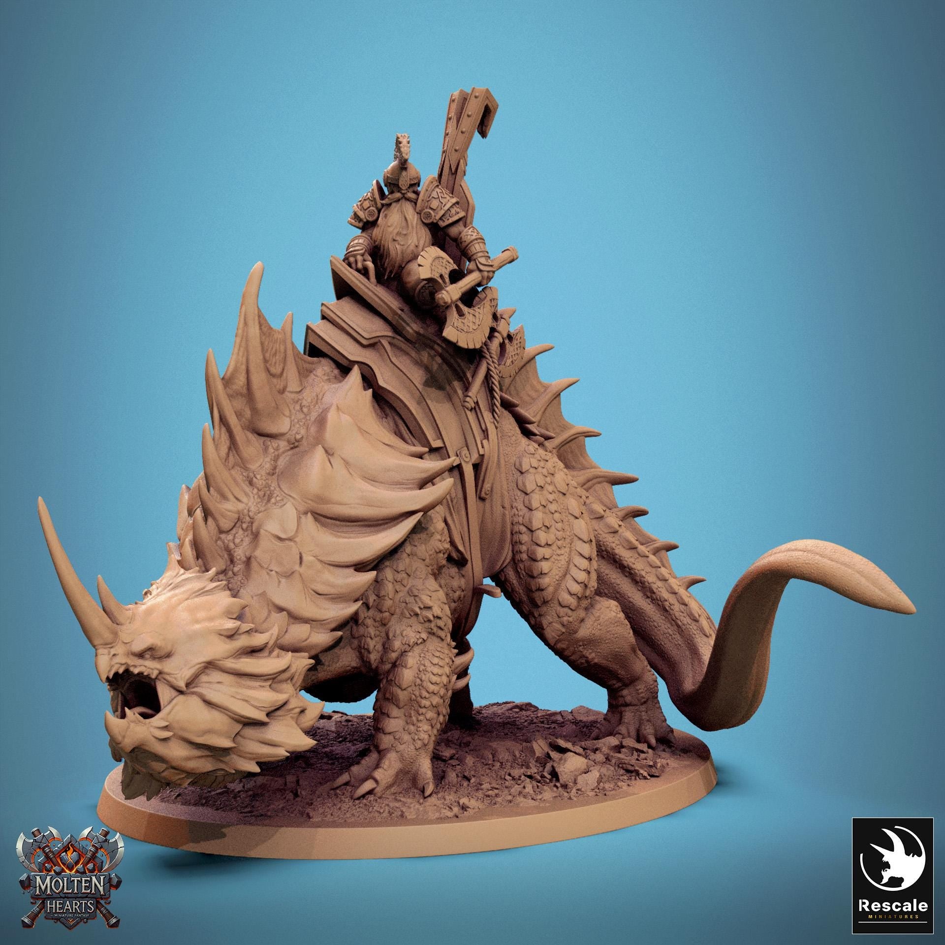 Drakanchor, a mighty war beast, carries a heavily armored warrior atop its spiked back. With rugged scales, massive horns, and an imposing stance, this fearsome mount is ready for battle. A stunning piece for collectors and tabletop RPG enthusiasts.