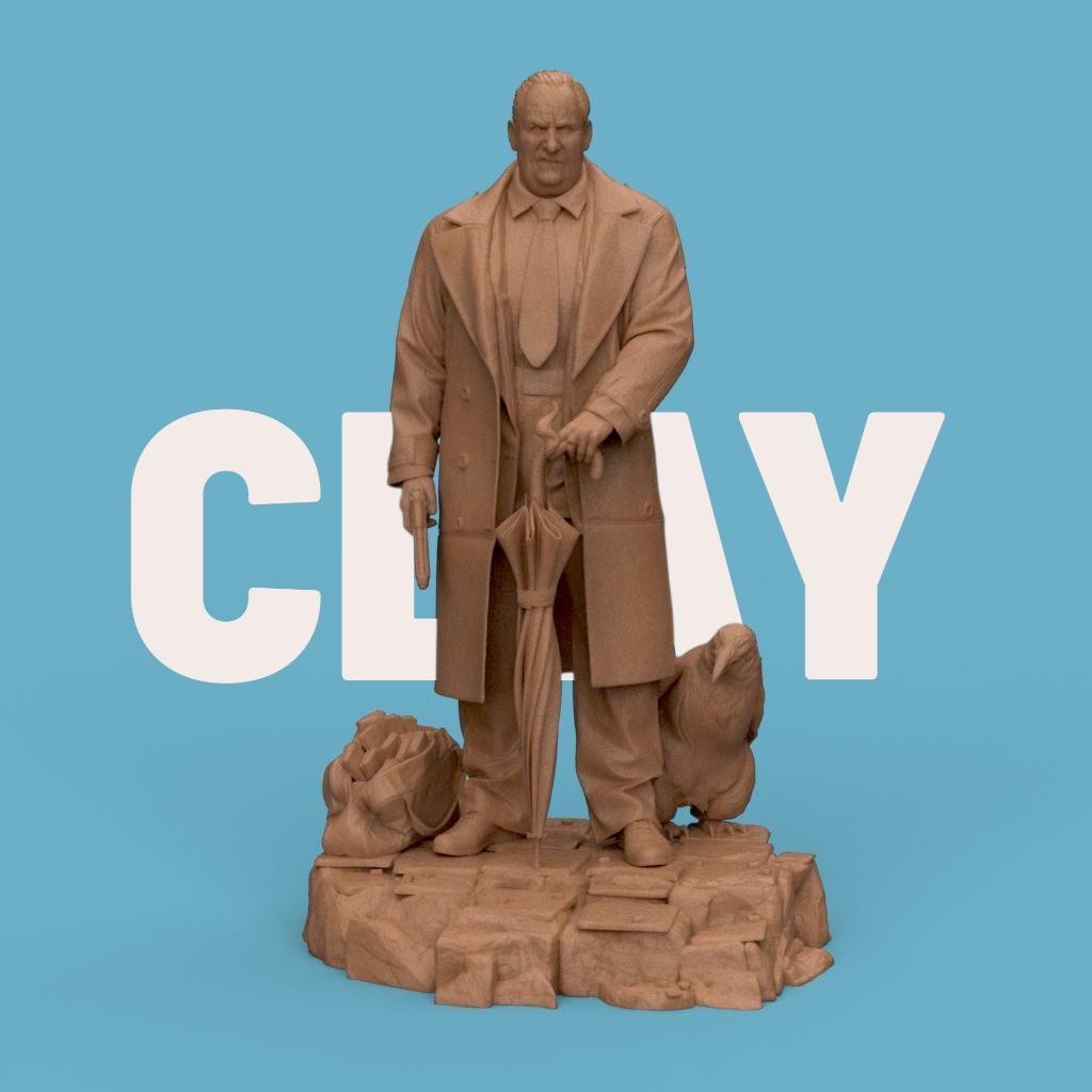 3D-printed figurine of The Penguin Man standing on a textured stone base, holding an umbrella and a gun, with two penguins by his side. The sculpture showcases detailed clothing folds and facial expression, making it ideal for collectors of cinematic or villain-inspired art pieces.