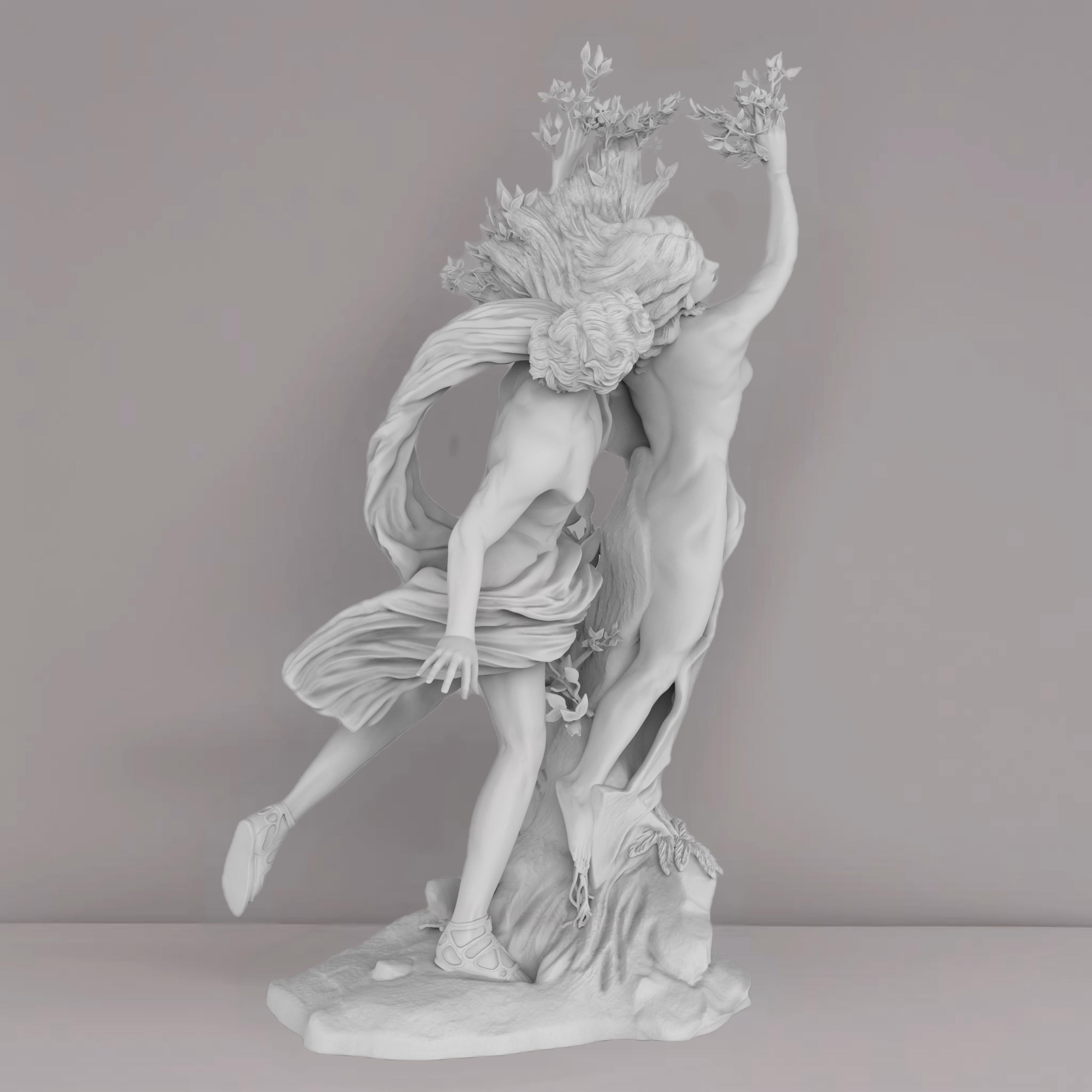 A statue of Apollo reaching for Daphne as she transforms into a laurel tree. Her hands and limbs sprout branches, capturing the dramatic moment of pursuit and escape in intricate detail.