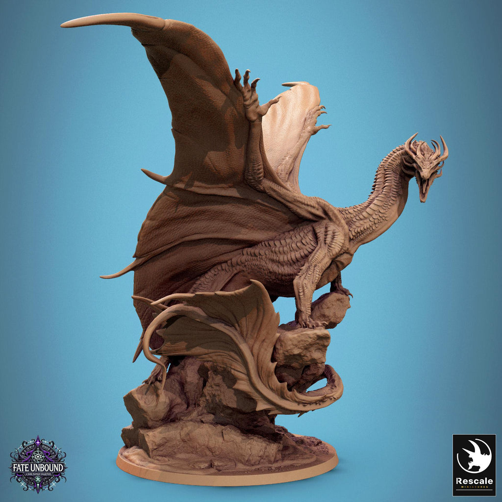 RPG miniatures set from Fate Unbound by Rescale Miniatures. Features various winged creatures, armored warriors, and dragons posed dynamically, ideal for tabletop games.