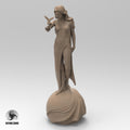 Statue of Eirene, the Goddess of Peace, featuring a serene woman with flowing hair, holding a dove. She stands gracefully on a spherical base, symbolizing harmony and balance.