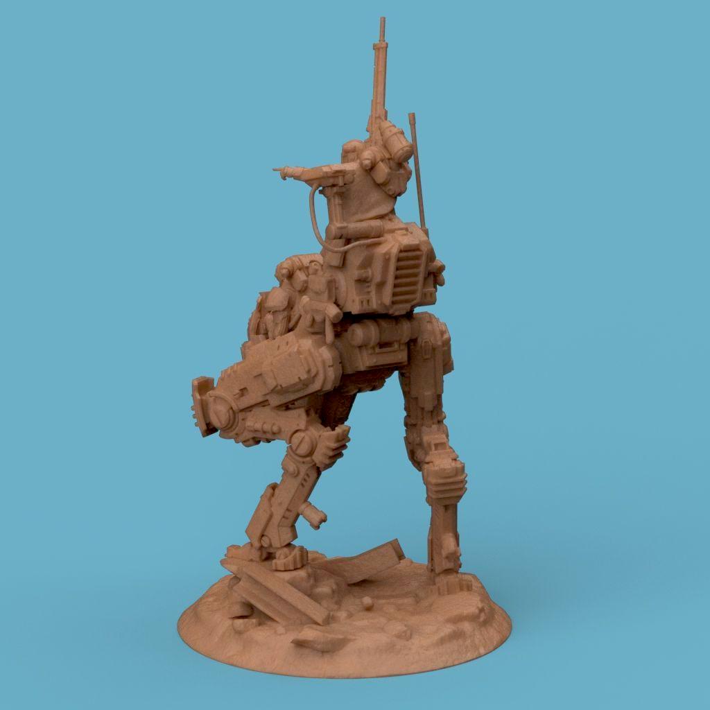 3D-printed model of the Vendetta Deathmark, featuring a futuristic mech walker piloted by armored soldiers. The detailed design includes mechanical limbs, weapon mounts, and a rugged battlefield base, perfect for sci-fi collectors and tabletop gaming enthusiasts.