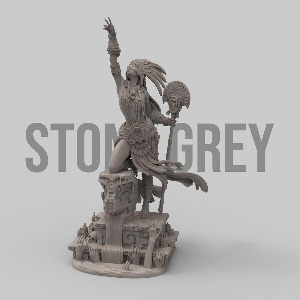 Necalin, the Priestess of Death, rises from ancient ruins, summoning forgotten powers. Clad in ceremonial armor and wielding a skull-topped staff, she channels divine wrath and spiritual dominion. This intricately detailed sculpture captures her fierce grace and mystical authority—a commanding centerpiece for any collection of mythical figures.