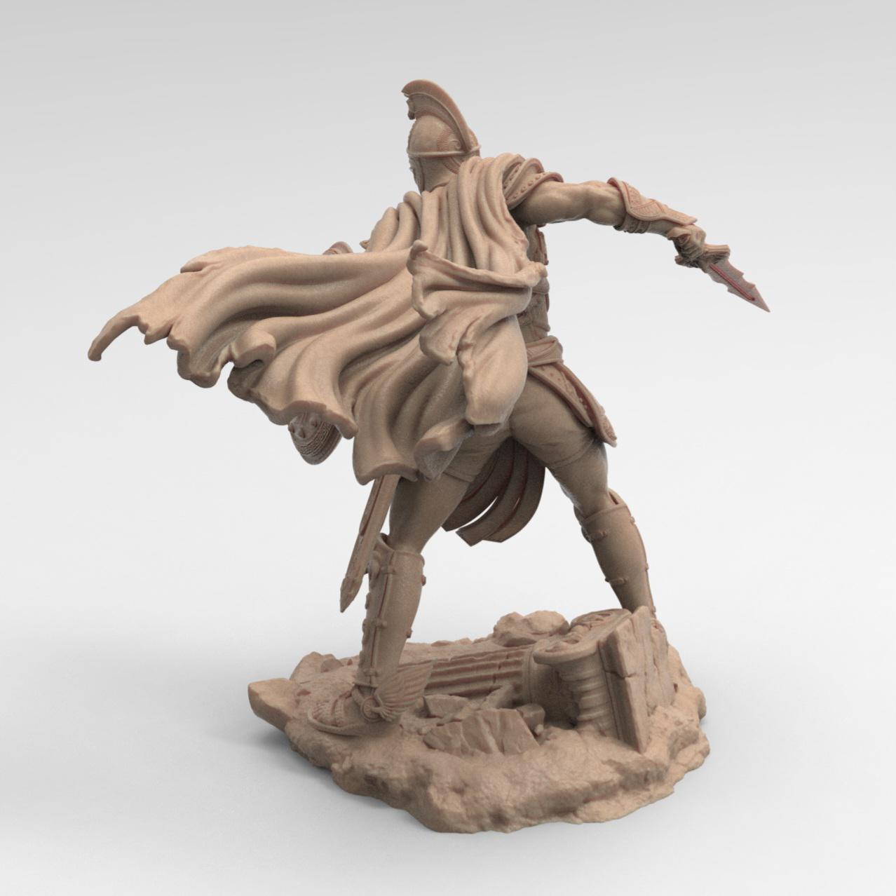 Detailed 3D-printed statue of Perseus in dynamic battle pose, holding a sword and shield, wearing intricately designed armor and a flowing cape, standing on a base with broken columns and rubble.