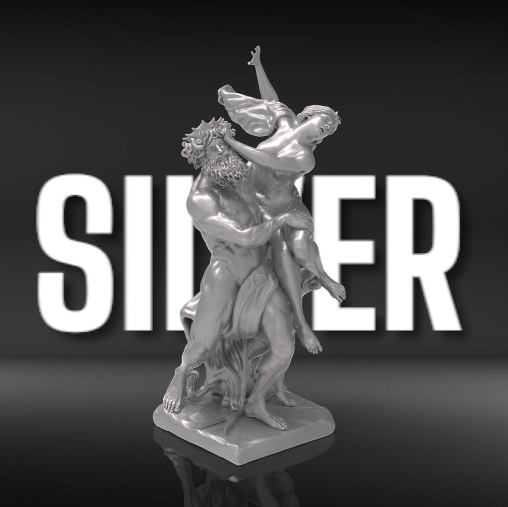 A detailed 3D sculpture of &quot;The Rape of Proserpina,&quot; depicting Pluto forcefully abducting Proserpina. The dramatic pose captures movement, with Proserpina reaching out in distress, Pluto gripping her firmly, and Cerberus at their feet.