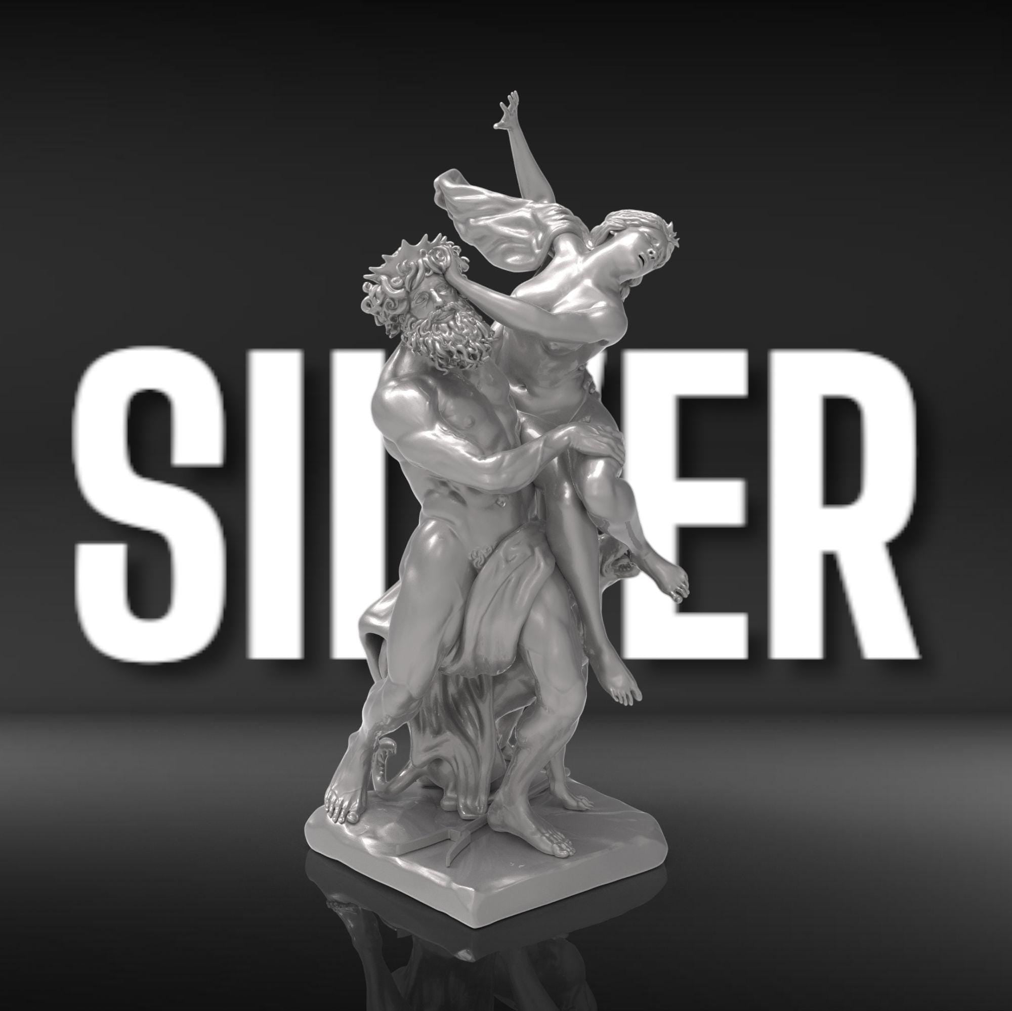 A detailed 3D sculpture of &quot;The Rape of Proserpina,&quot; depicting Pluto forcefully abducting Proserpina. The dramatic pose captures movement, with Proserpina reaching out in distress, Pluto gripping her firmly, and Cerberus at their feet.