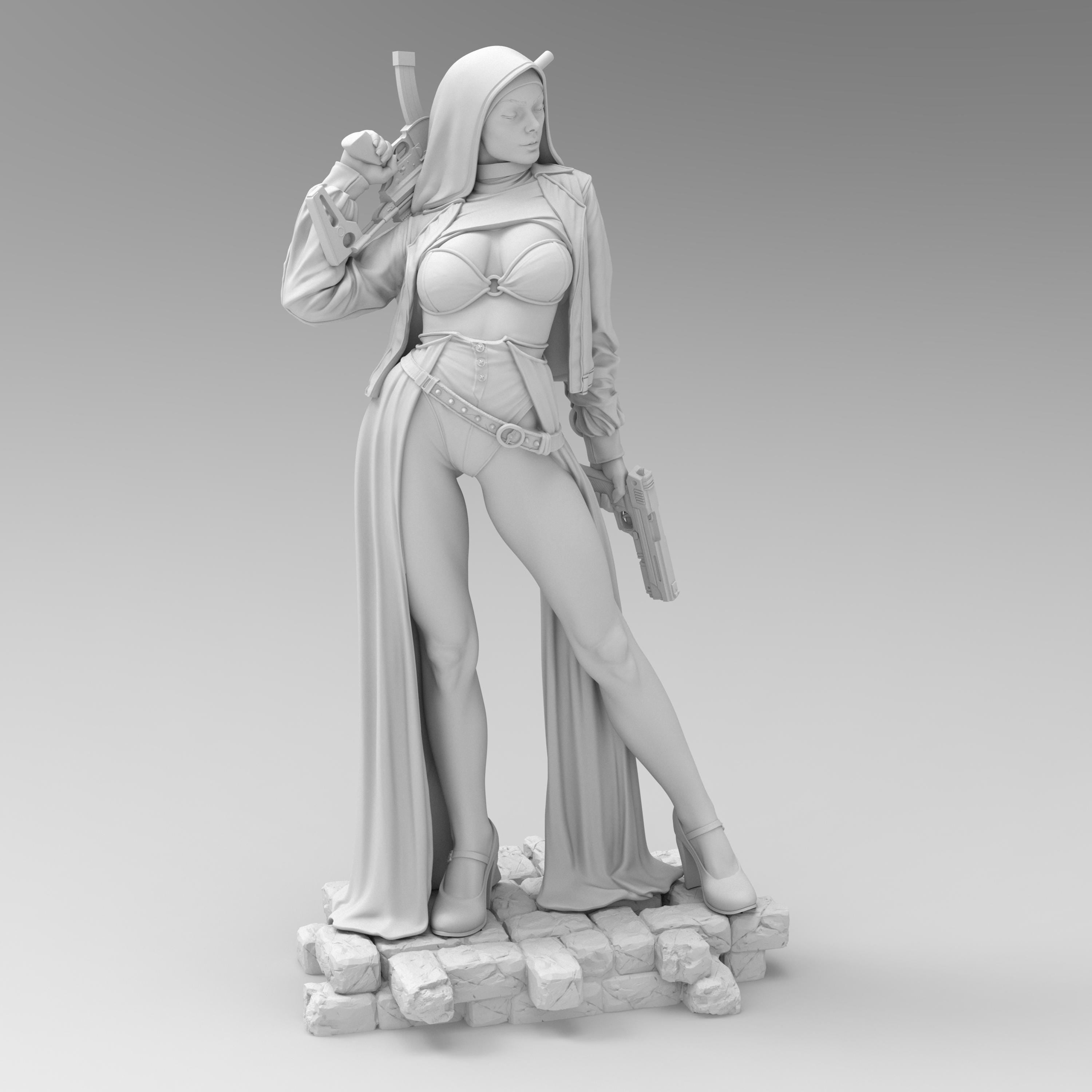 Armed and divine, the Nun with Gun stands tall with tactical heels, hooded cloak, and dual firepower. A bold blend of holiness and havoc—equal parts protector and punisher. Perfect for collectors who like their saints with a side of firepower.