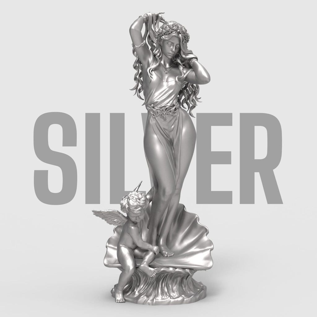 Aphrodite Robe Edition captures the goddess of love in an elegant pose, rising from a seashell as a cherub reaches toward her. This 3D-printed sculpture is a tribute to beauty and myth, featuring flowing hair, a delicate robe, and intricate detail that brings classical charm into any space.