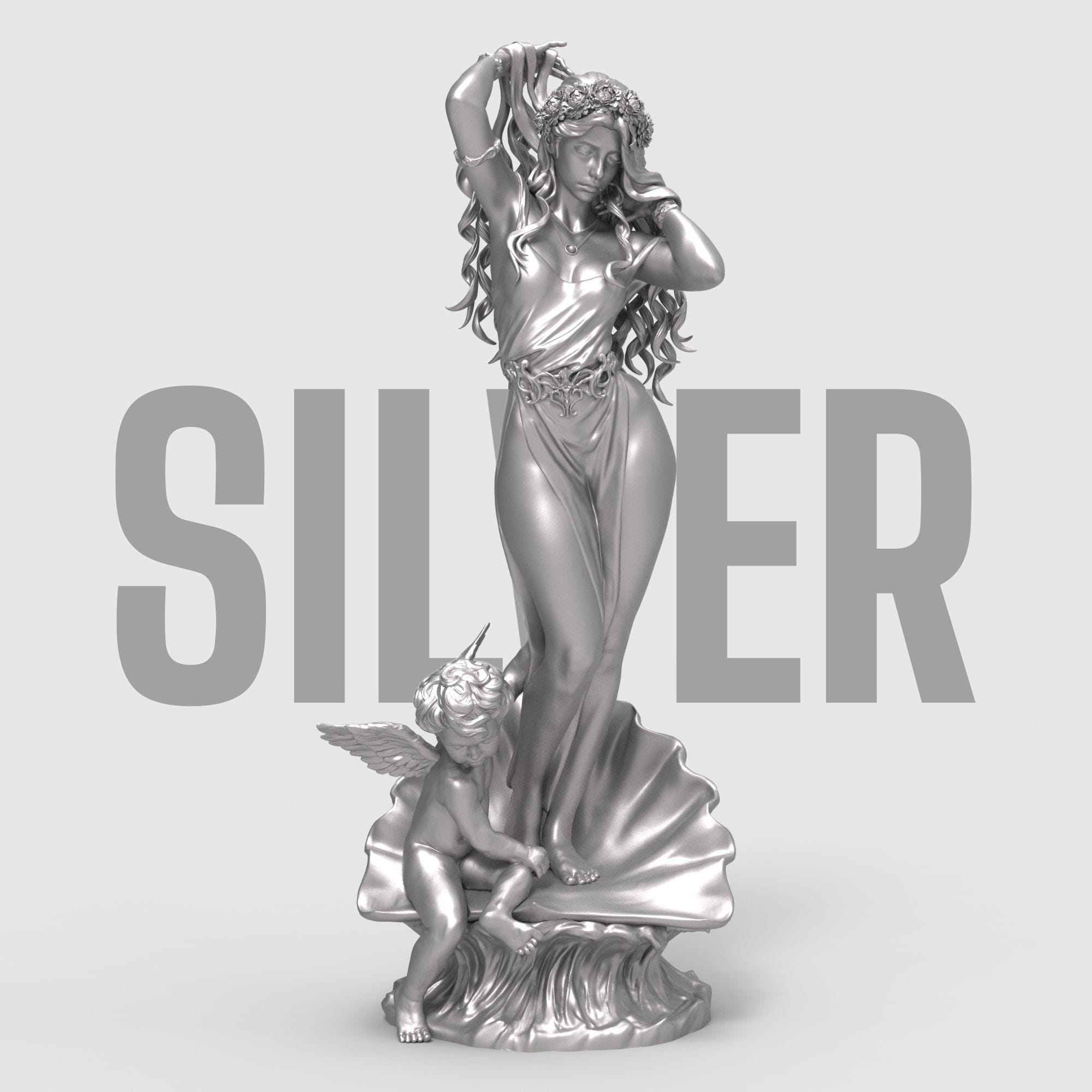 Aphrodite Robe Edition captures the goddess of love in an elegant pose, rising from a seashell as a cherub reaches toward her. This 3D-printed sculpture is a tribute to beauty and myth, featuring flowing hair, a delicate robe, and intricate detail that brings classical charm into any space.