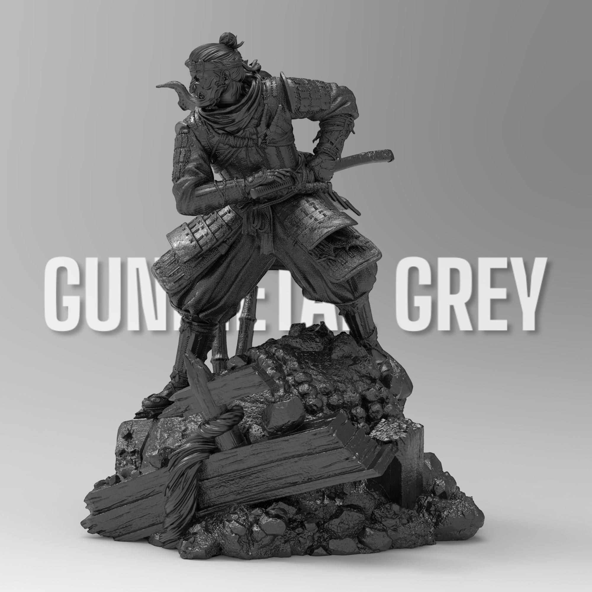 Jin Sakai from Ghost of Tsushima in a dynamic pose, gripping his katana. He wears samurai armor with a flowing scarf and a battle-worn flag behind him. The base features broken structures and rocks, symbolizing the fallen Shogunate era.