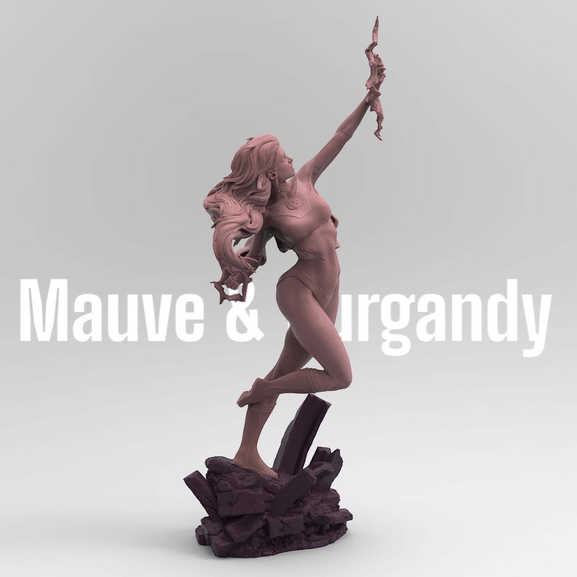 3D-printed statue of Kaira Nova in a dynamic pose, levitating over rocky debris with energy constructs forming around her hands. Detailed sculpt with flowing hair, a cape, and a confident expression, capturing her iconic superhero stance.