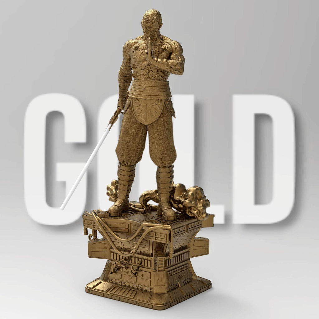 Darth Sion statue, showcasing the Sith Lord’s cracked stone-like body. He stands on a futuristic base, gripping a lightsaber, exuding menace. His battle-worn armor and intense gaze reflect his mastery of the dark side, embodying pain and hatred.