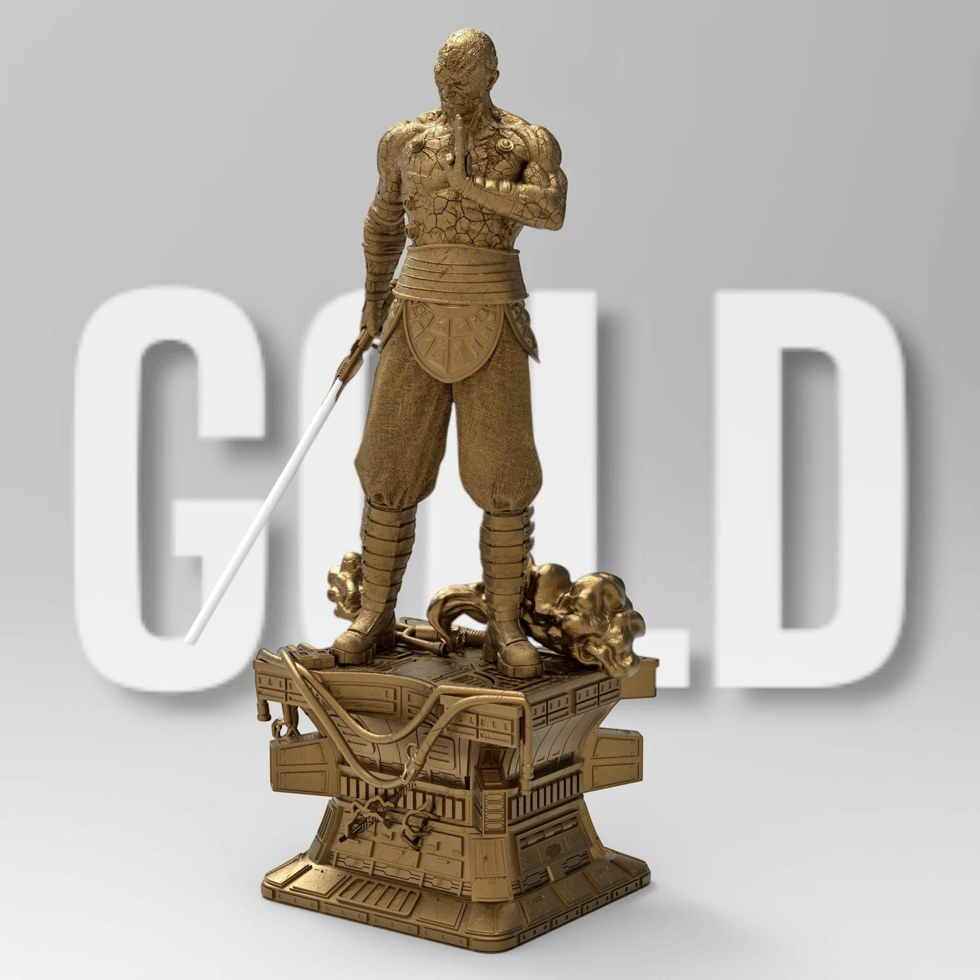 Darth Sion statue, showcasing the Sith Lord’s cracked stone-like body. He stands on a futuristic base, gripping a lightsaber, exuding menace. His battle-worn armor and intense gaze reflect his mastery of the dark side, embodying pain and hatred.