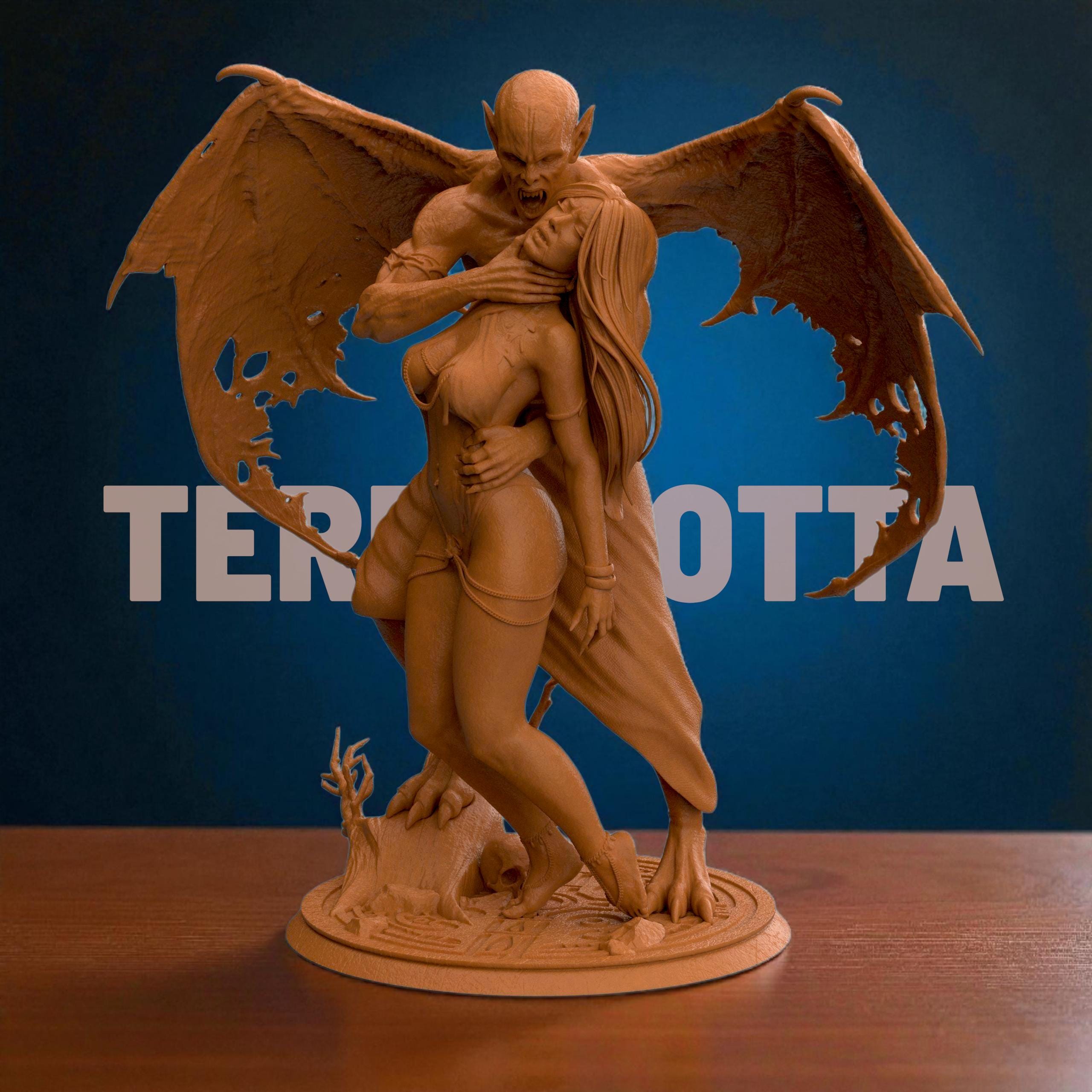 3D-printed Dracula’s Desire figurine featuring a dramatic vampire and victim scene, capturing gothic passion and dark fantasy. The detailed sculpture showcases expressive poses, intricate anatomy, and realistic textures — from tattered wings to flowing hair — symbolizing temptation, dominance, and the timeless allure of the night.